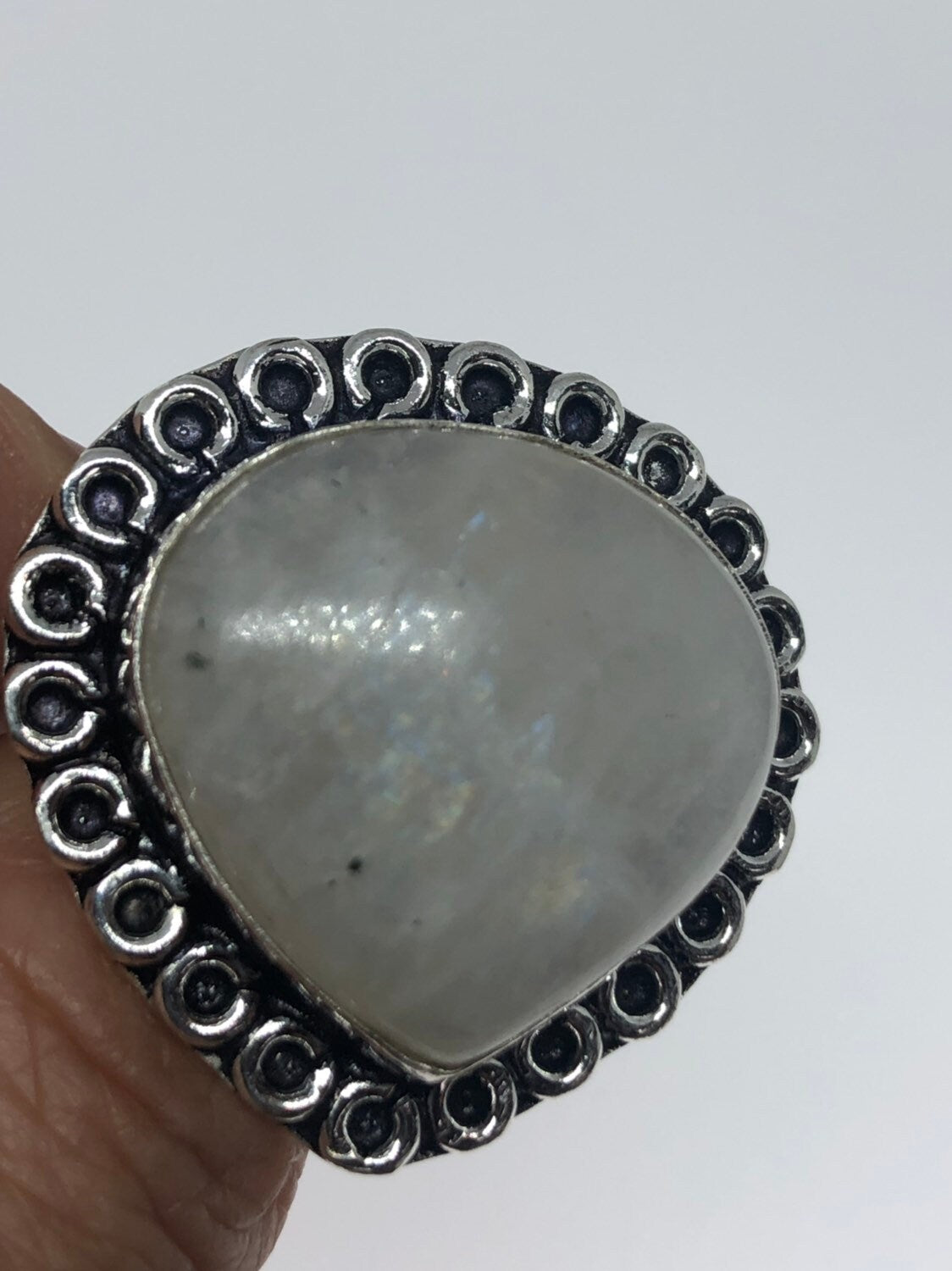 Vintage Large Blue White Rainbow Moonstone Stone Silver Ring