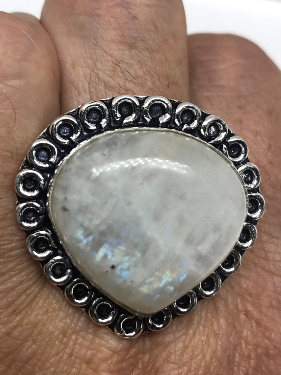 Vintage Large Blue White Rainbow Moonstone Stone Silver Ring