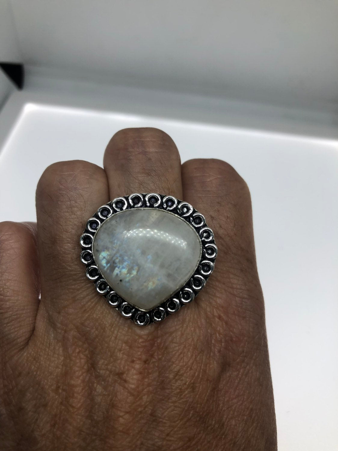 Vintage Large Blue White Rainbow Moonstone Stone Silver Ring