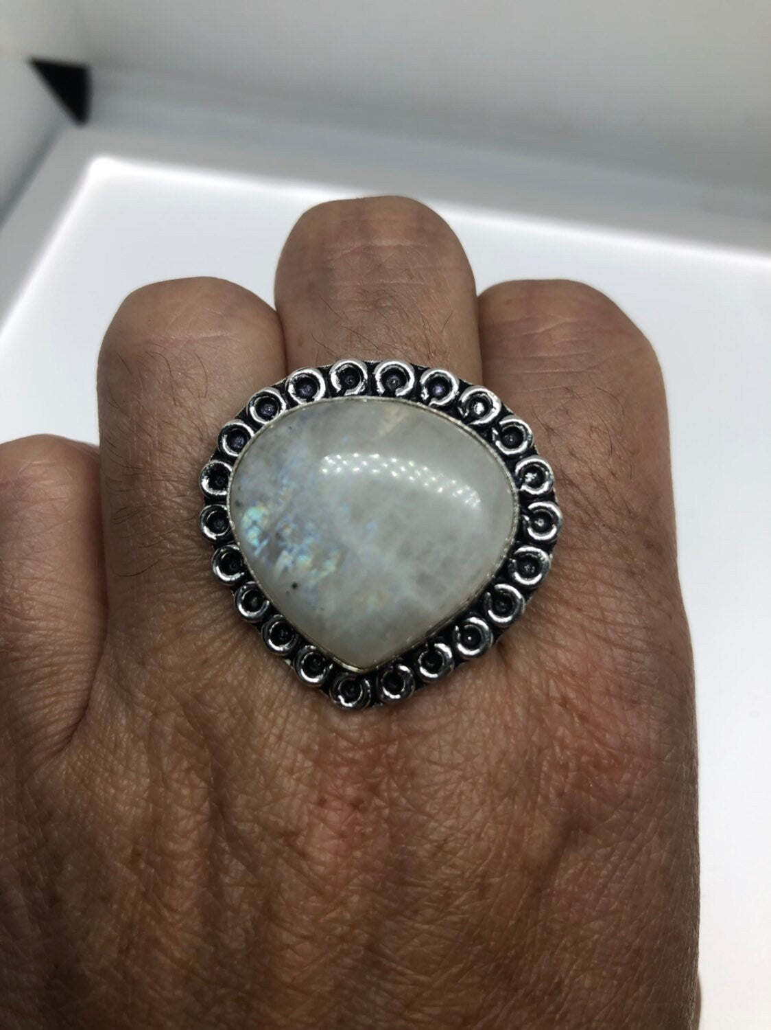 Vintage Large Blue White Rainbow Moonstone Stone Silver Ring