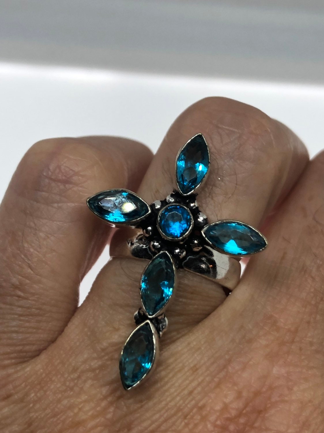 Vintage Genuine Blue Topaz Cross Silver Ring