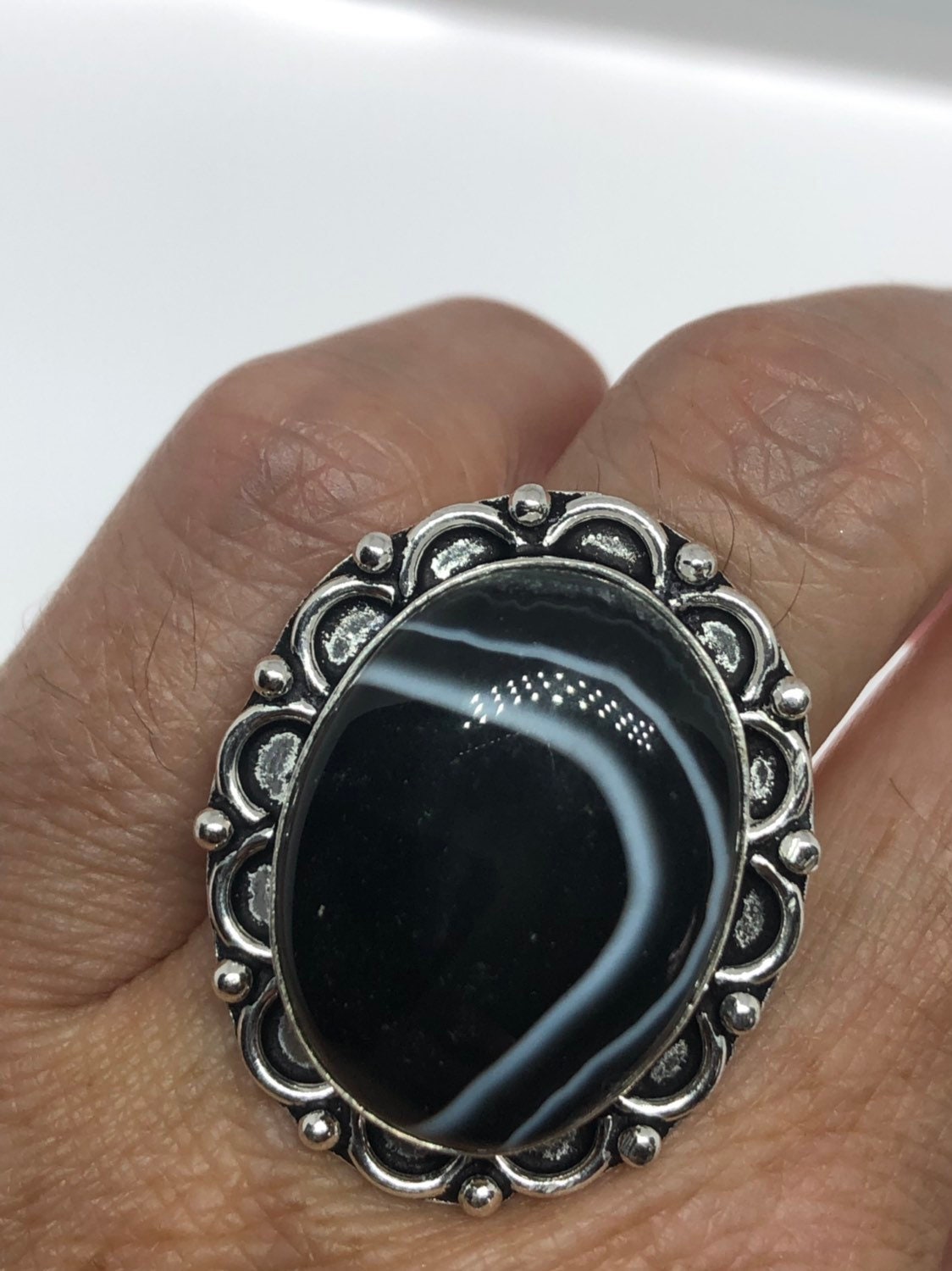 Vintage Handmade Black and White agate White Bronze Silver Gothic Ring
