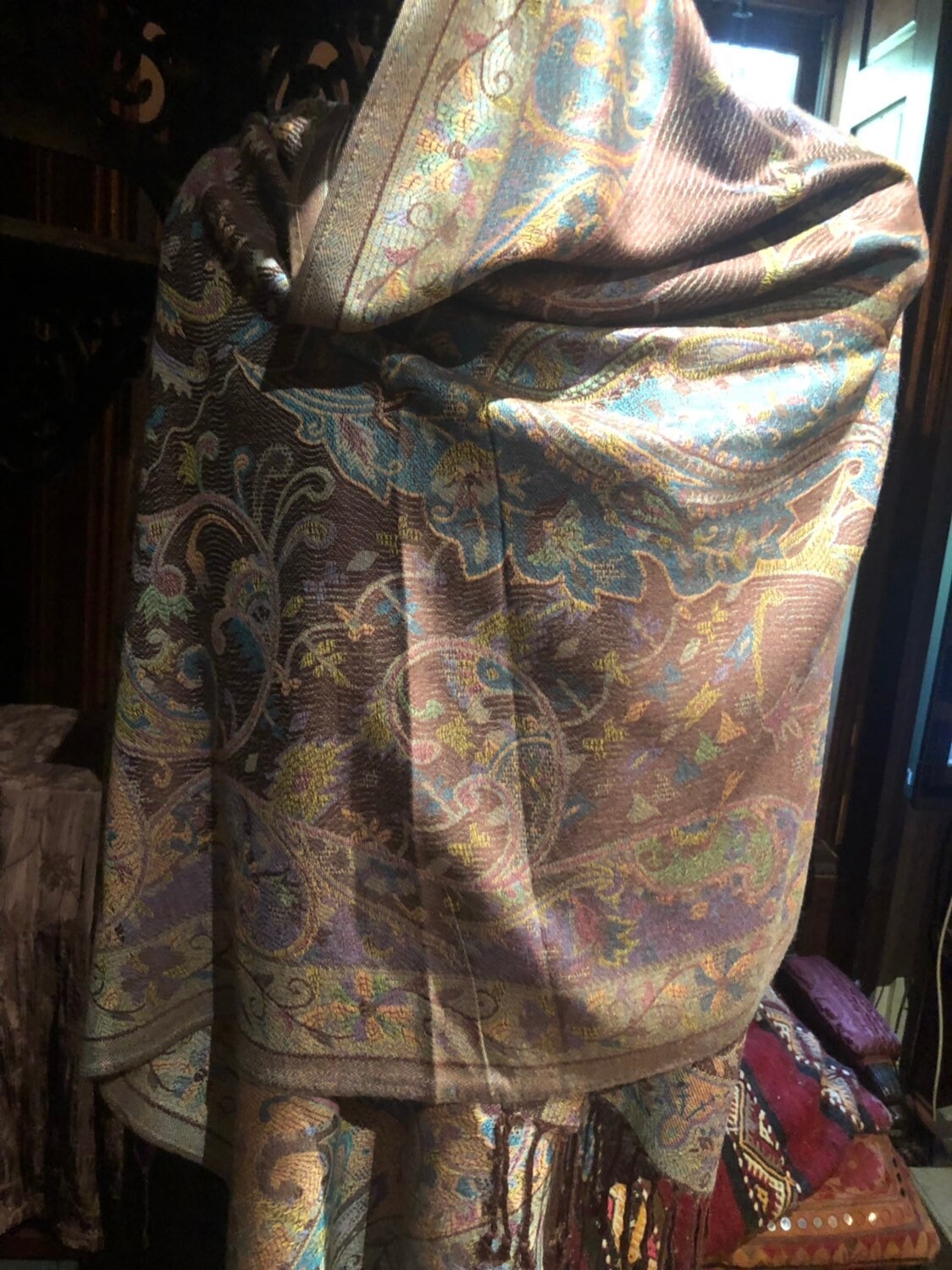 Brown Blue Vintage Paisley Brocade Pashmina Scarf Wrap Shawl