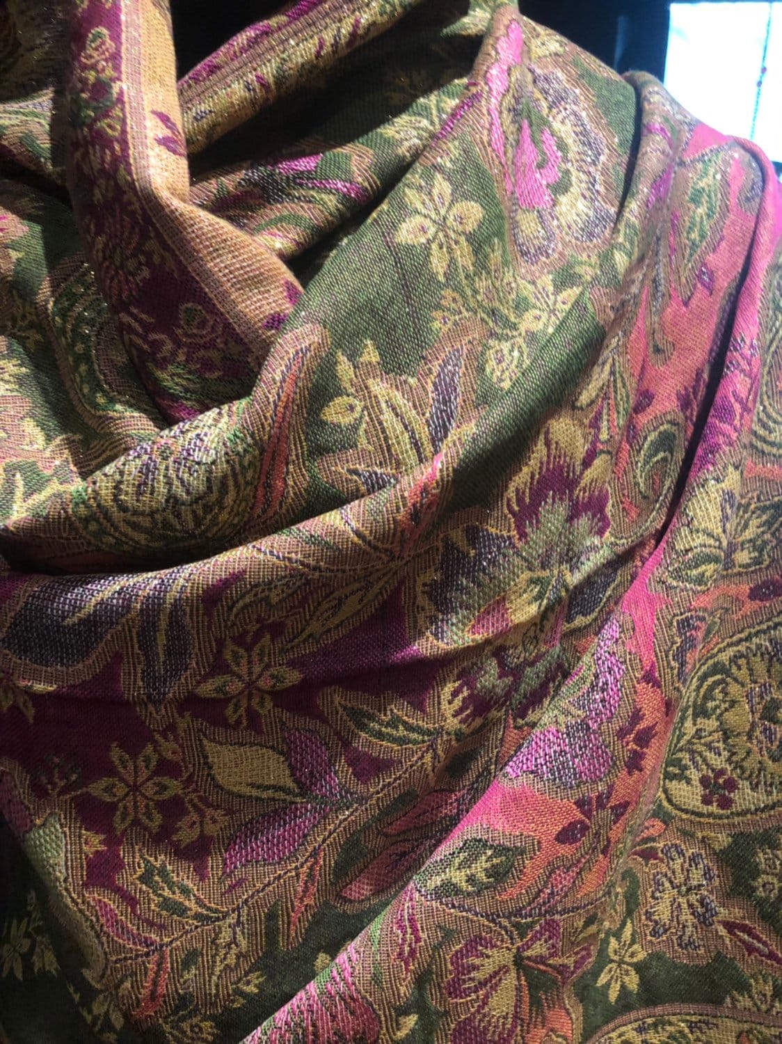 Vintage Green Pink Paisley Brocade Pashmina Scarf Wrap