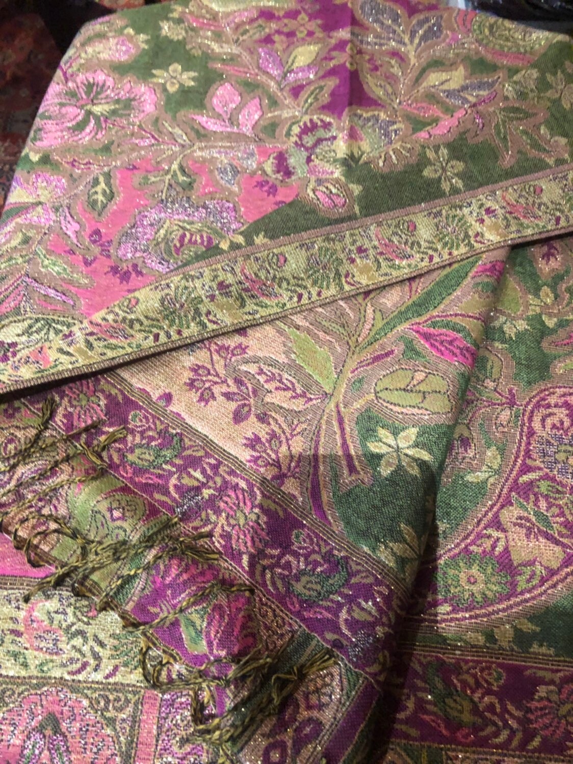 Vintage Green Pink Paisley Brocade Pashmina Scarf Wrap