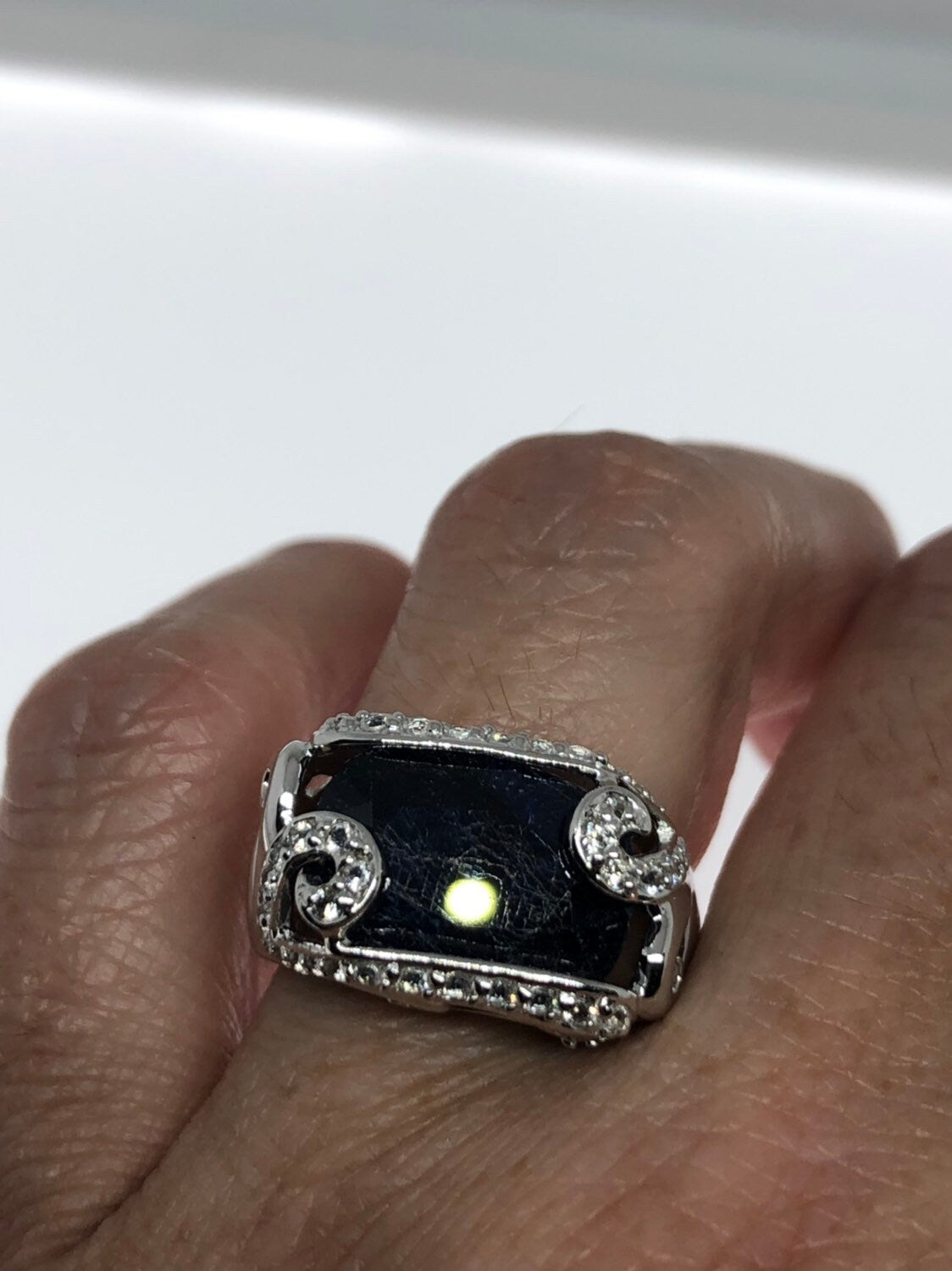 Vintage Handmade Deep Blue Sapphire and White 925 Sterling Silver Gothic Ring