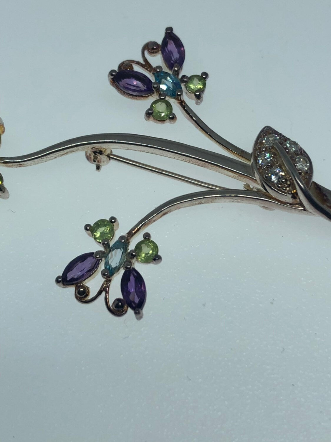 Antique Brooch 925 Sterling Silver Genuine Peridot and Gemstone Flower Pin