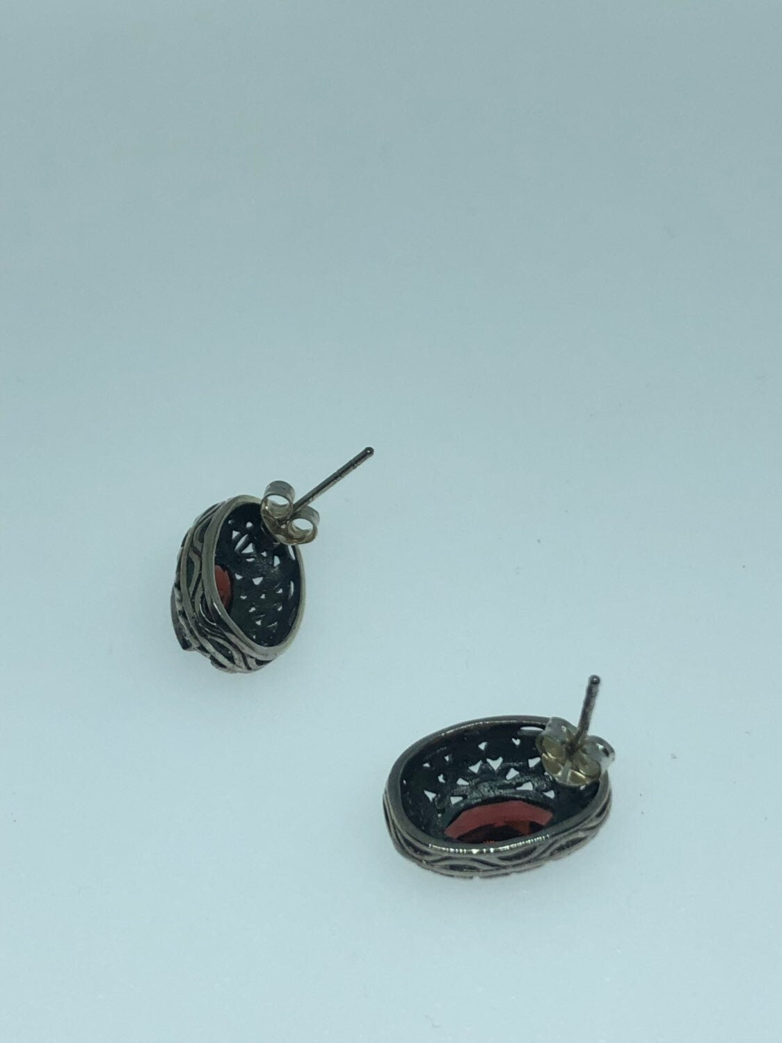 Vintage Bohemian Garnet Earrings 925 Sterling Silver Button
