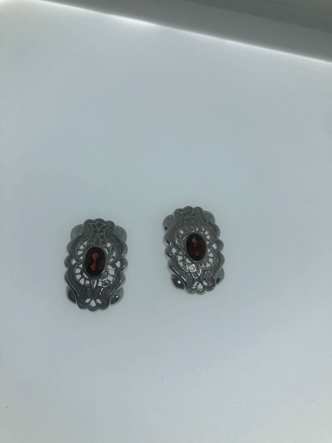 Vintage Handmade 925 Sterling Silver Bohemian Garnet Button Earrings