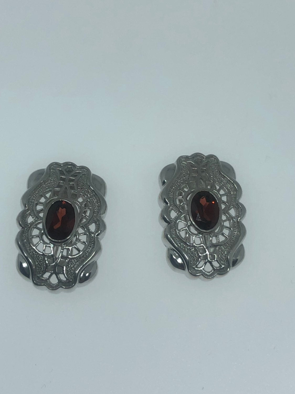 Vintage Handmade 925 Sterling Silver Bohemian Garnet Button Earrings