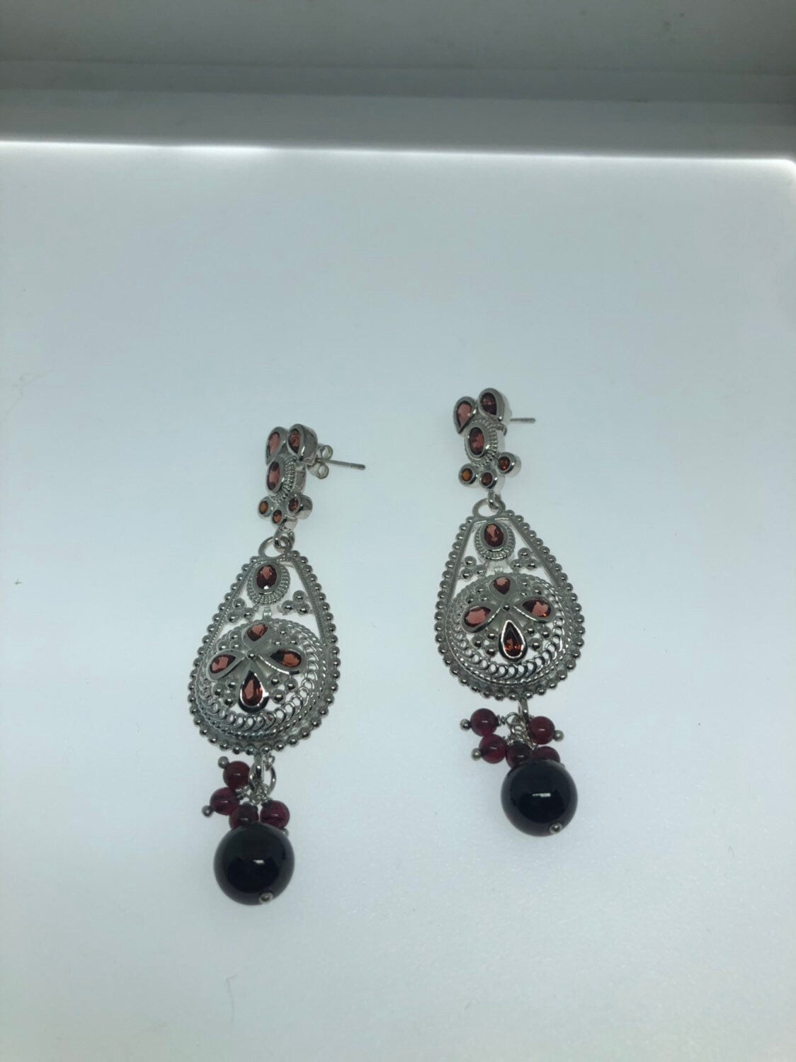 Vintage 925 Sterling Silver Bohemian Garnet Dangle Chandelier Earrings