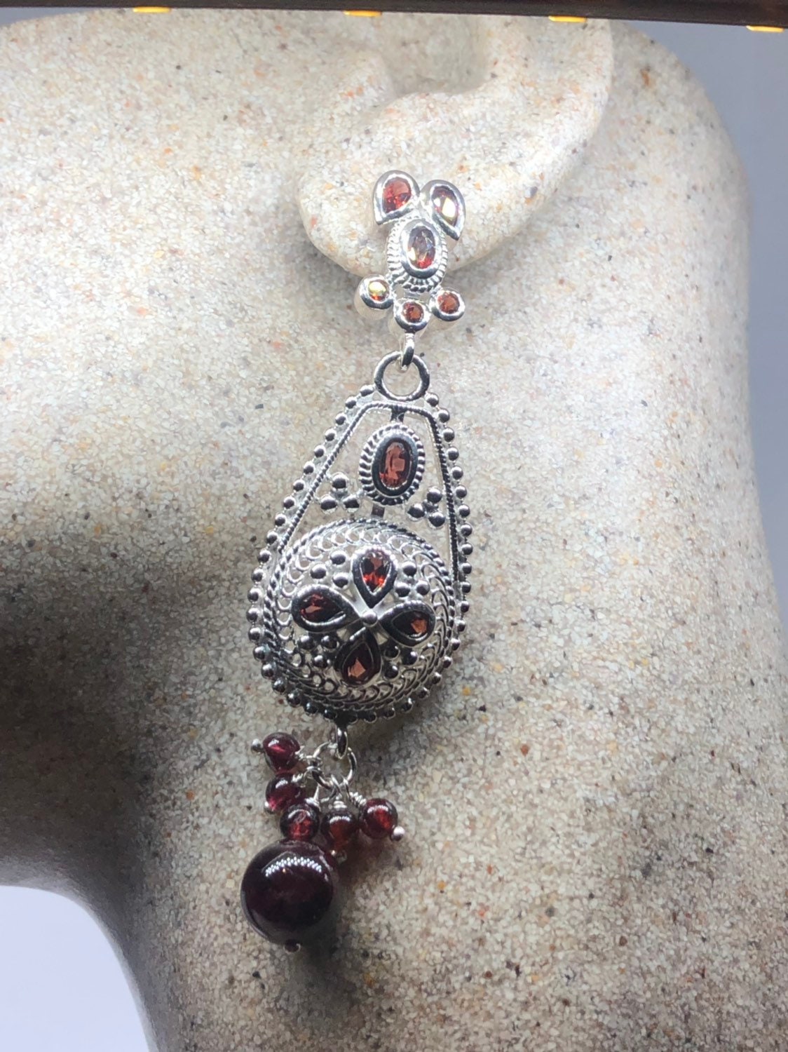 Vintage 925 Sterling Silver Bohemian Garnet Dangle Chandelier Earrings