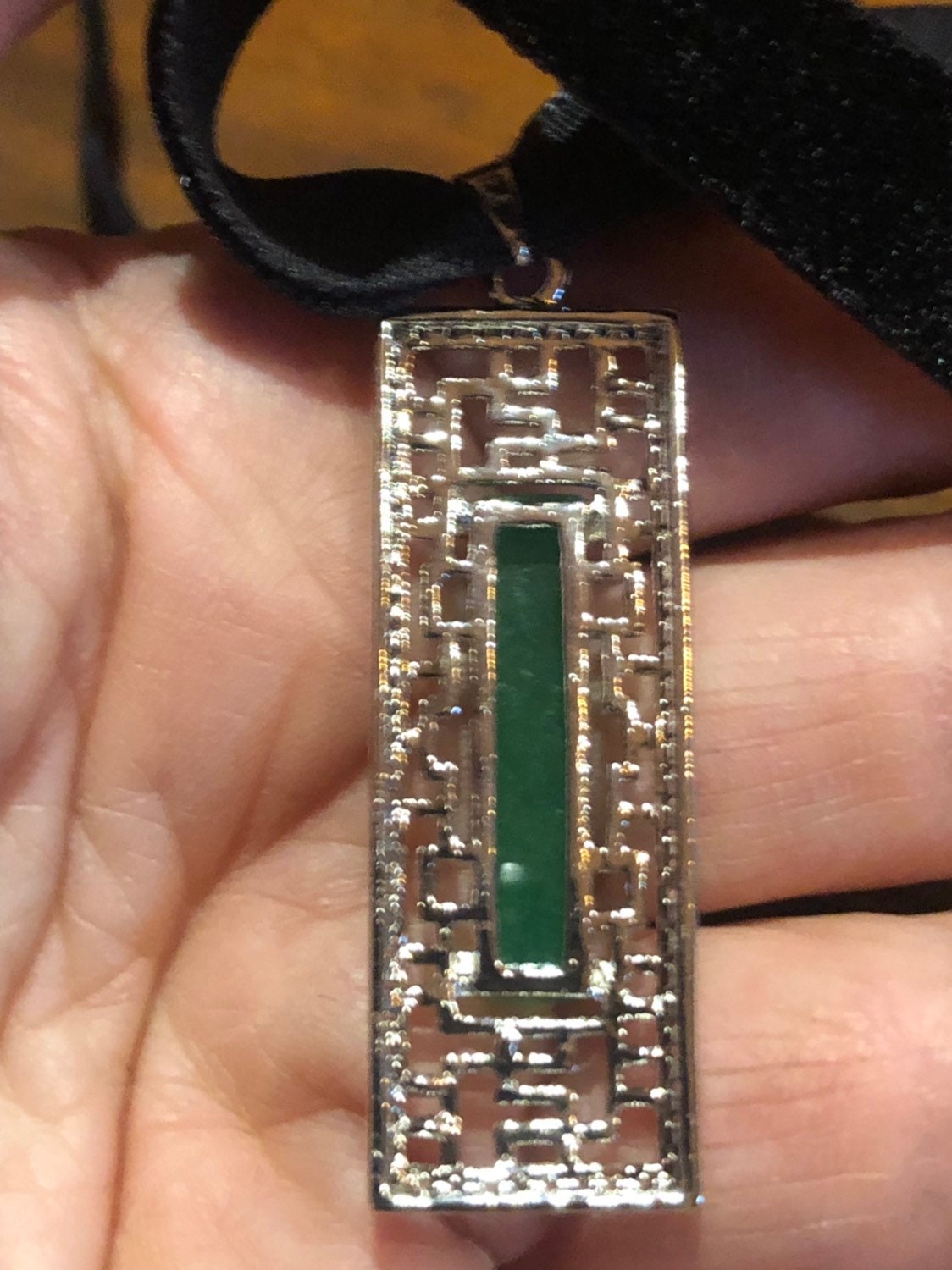 Vintage Green Jade Choker Silver Finish Necklace Pendant