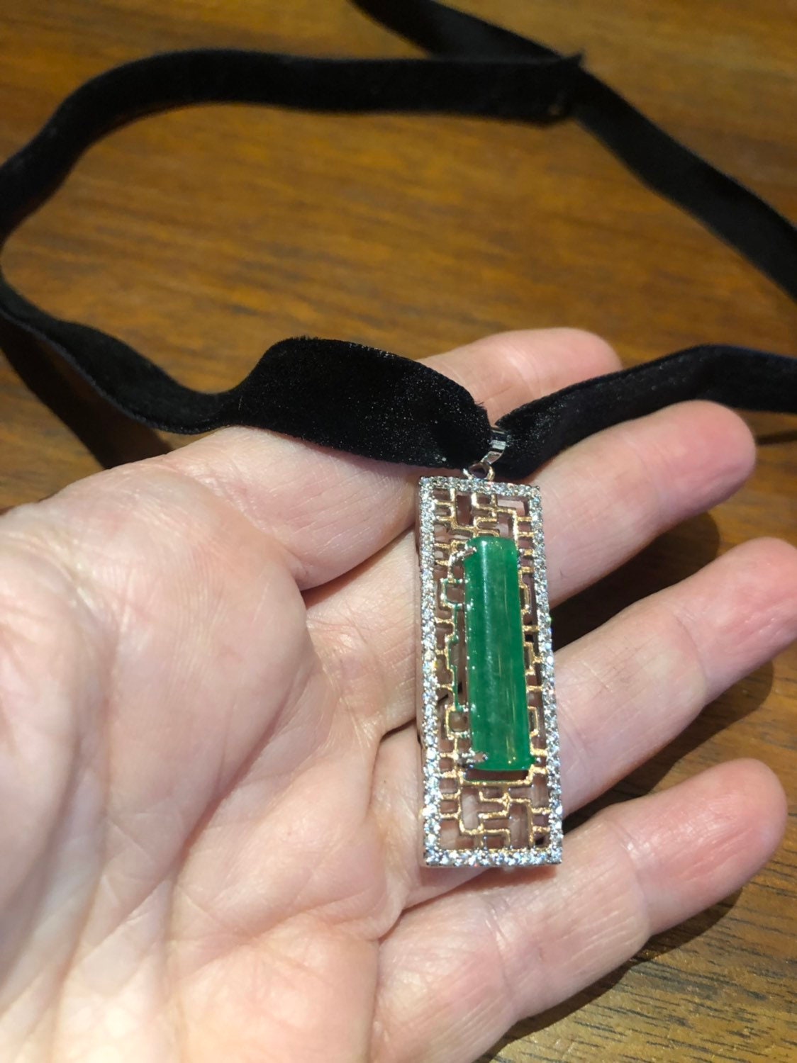 Vintage Green Jade Choker Silver Finish Necklace Pendant