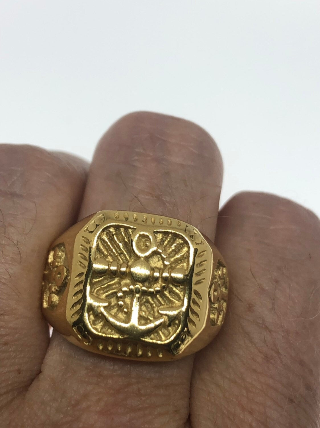 Vintage Gothic Golden Stainless Steel Navy Anchor Mens Ring