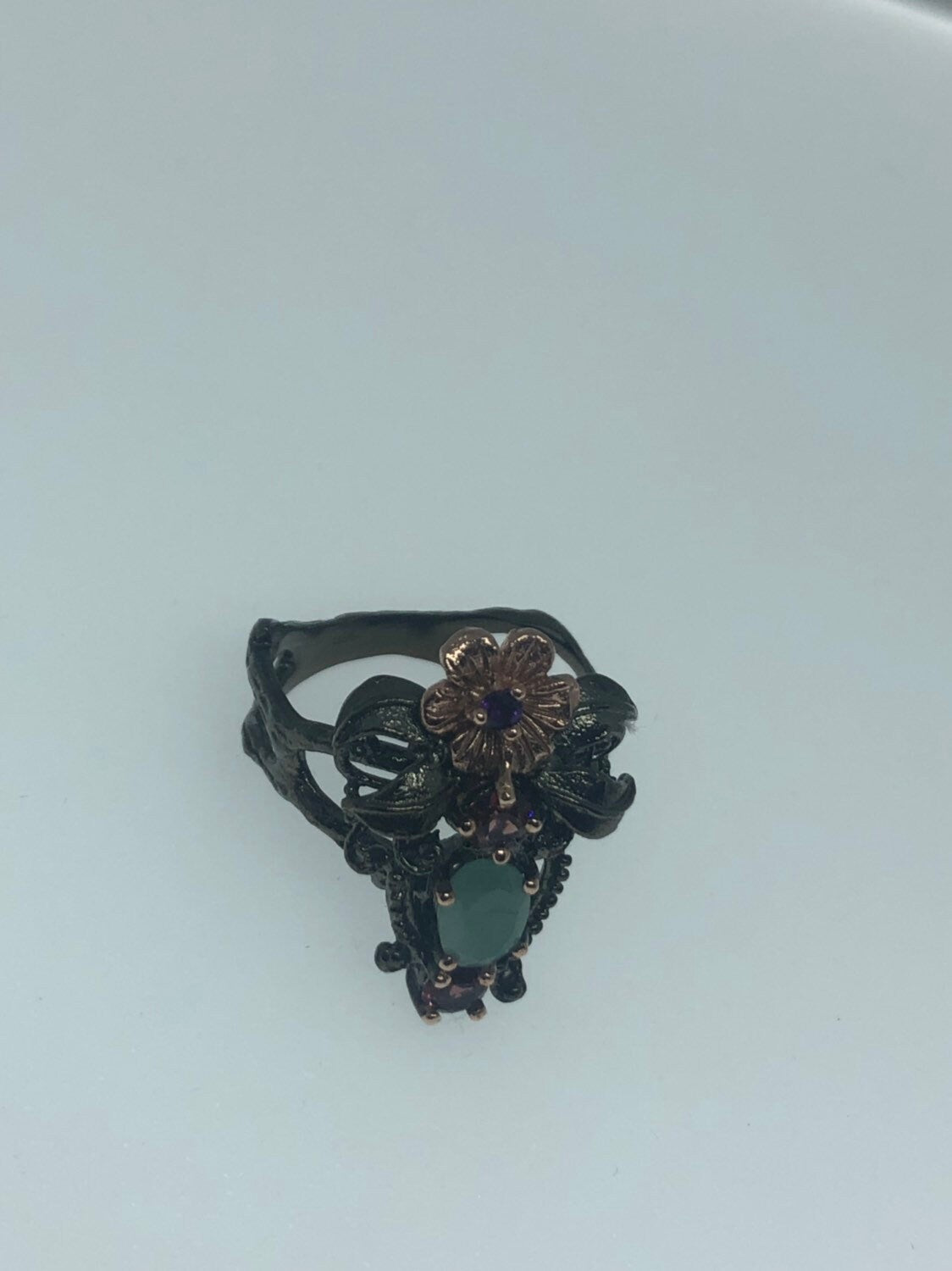 Vintage Handmade genuine garnet emerald Sterling Silver Black Rhodium Ring