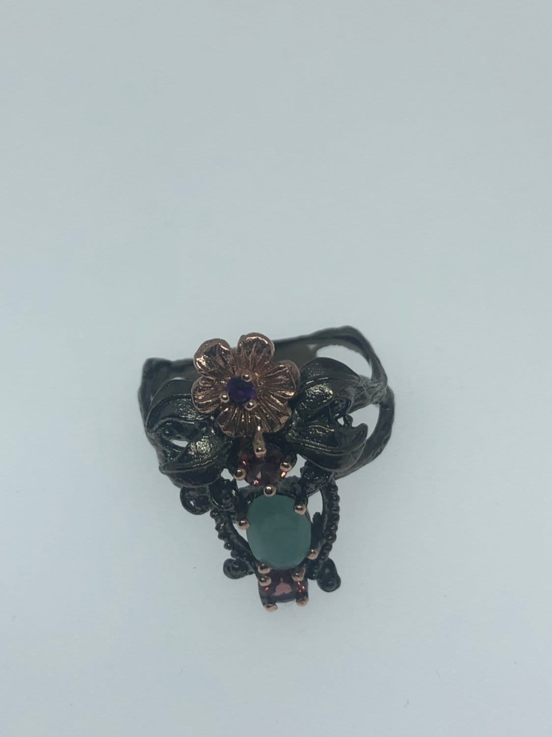 Vintage Handmade genuine garnet emerald Sterling Silver Black Rhodium Ring