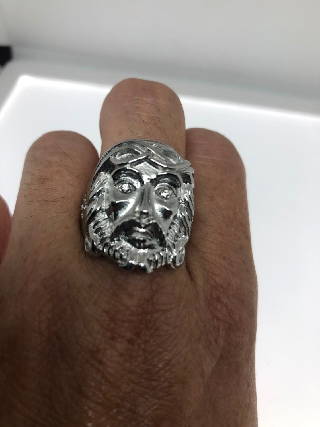 Vintage Mens Silver Jesus Ring