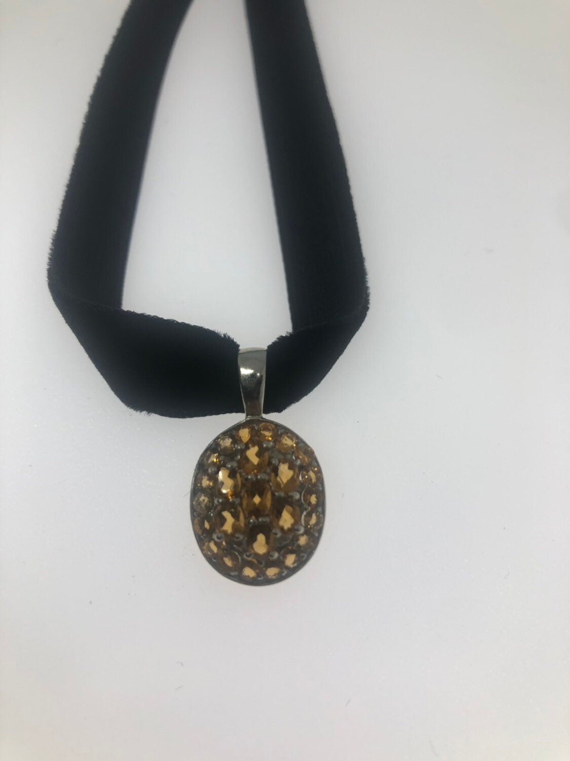 Vintage Golden Citrine Choker 925 Sterling Silver Pendant Necklace
