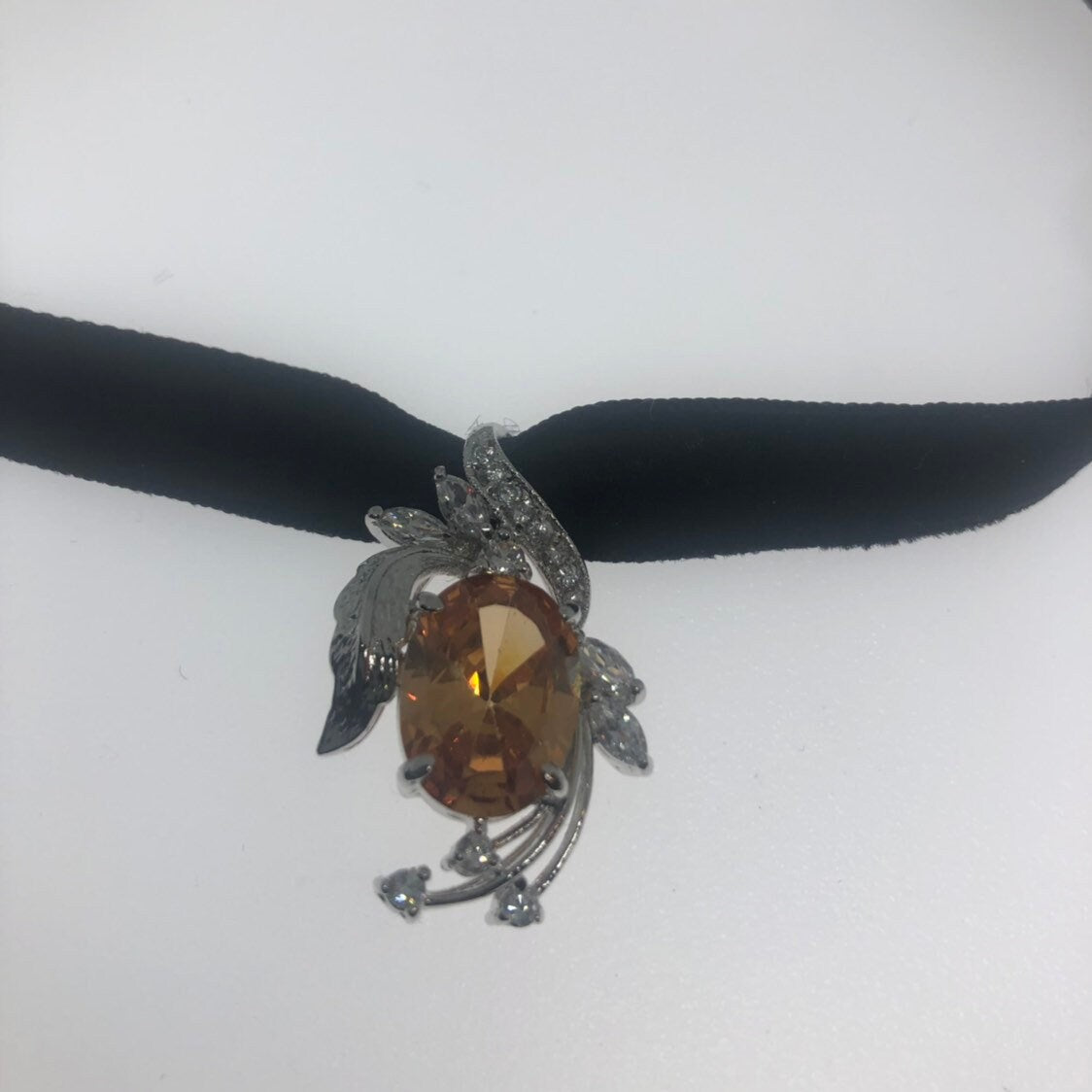 Vintage Golden CZ Citrine Choker Sterling Silver Pendant Necklace
