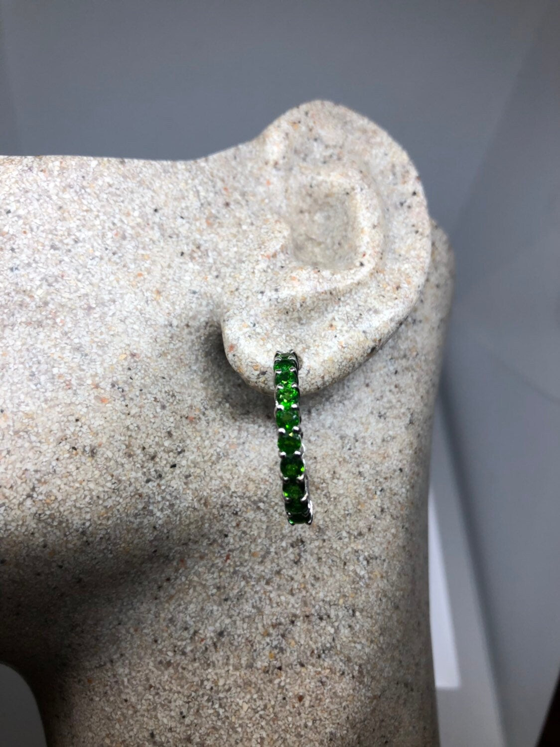 Vintage Handmade 925 Sterling Silver Chrome Diopside Hoop Earrings