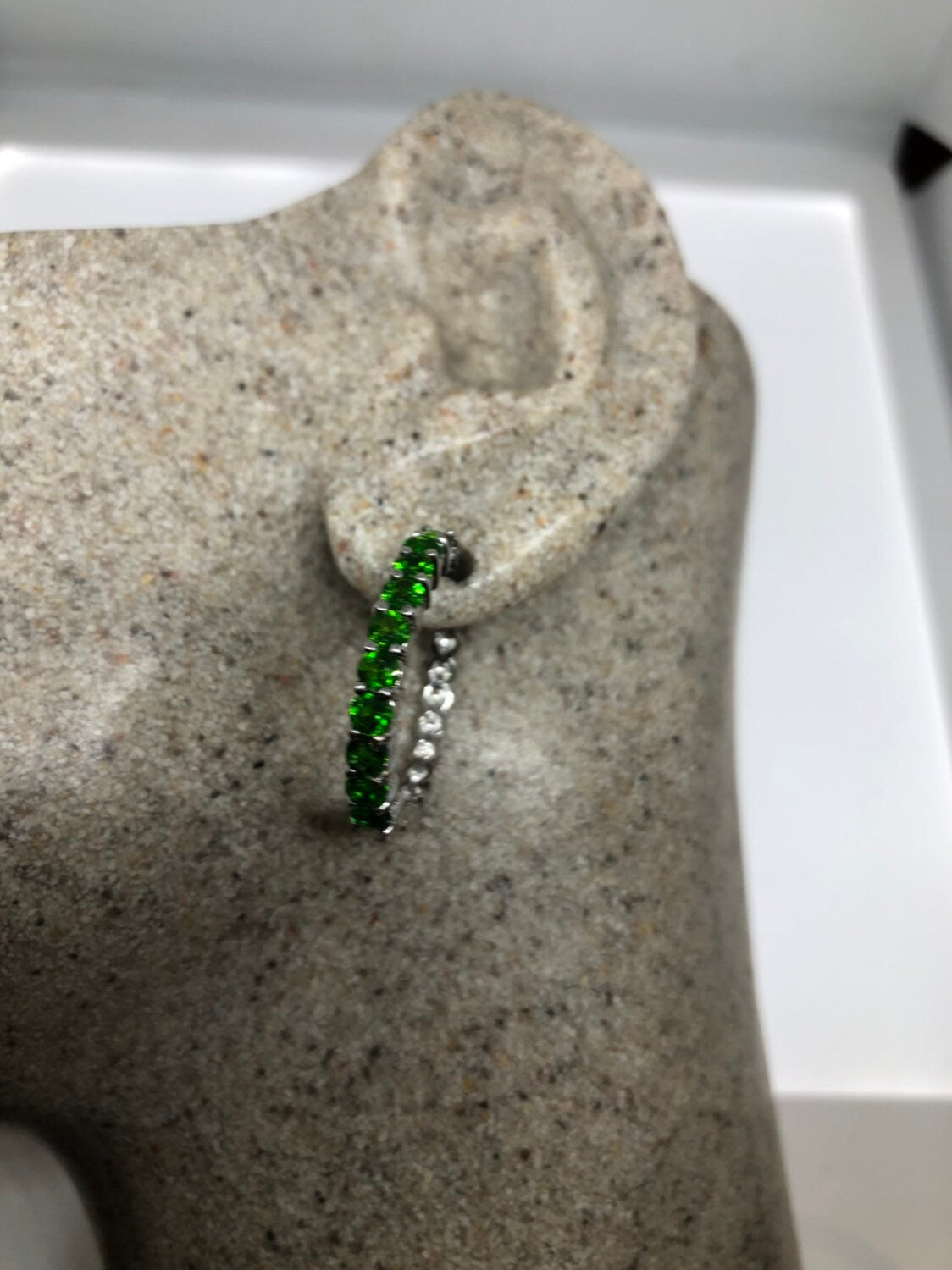 Vintage Handmade 925 Sterling Silver Chrome Diopside Hoop Earrings