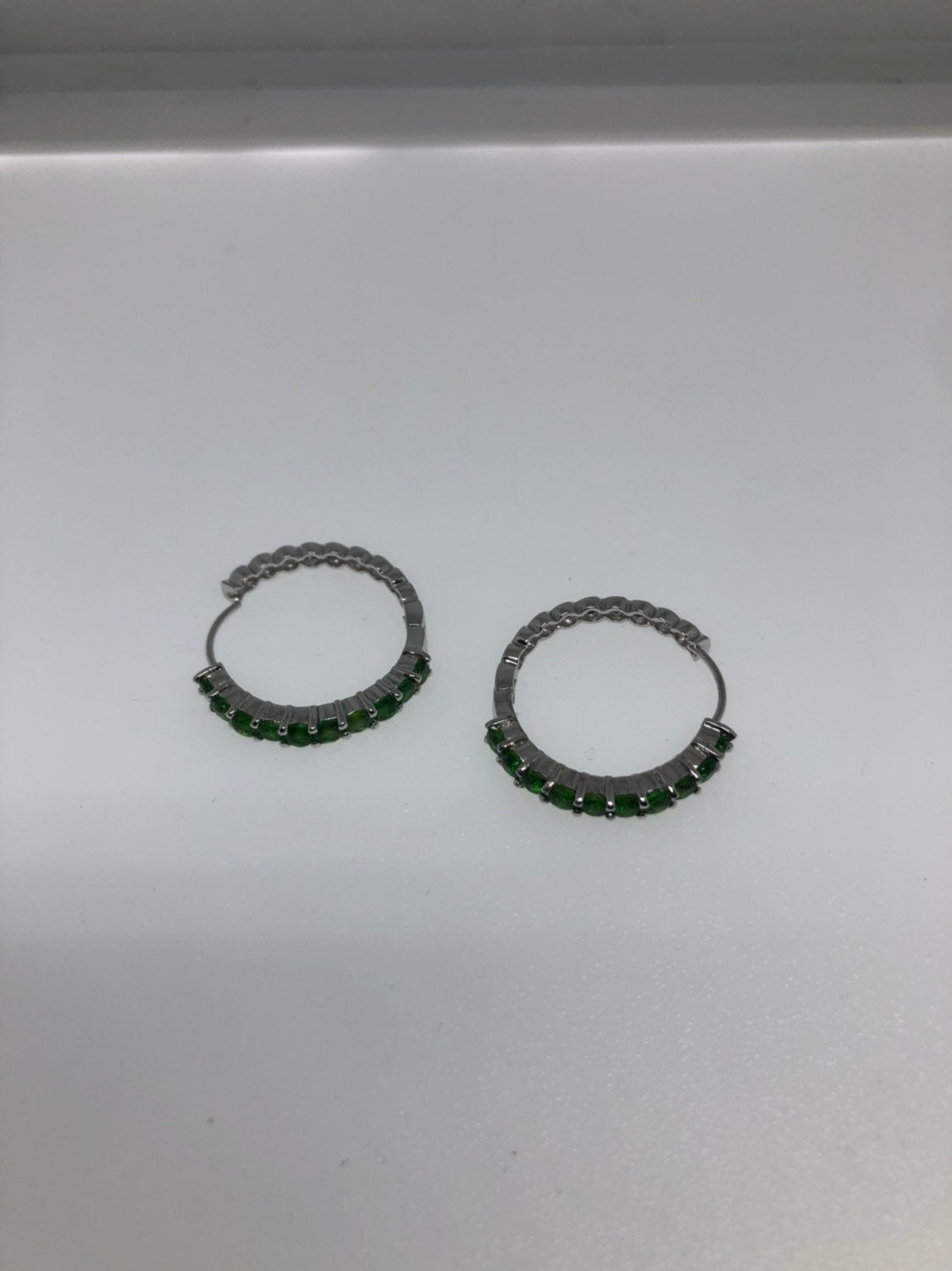 Vintage Handmade 925 Sterling Silver Chrome Diopside Hoop Earrings