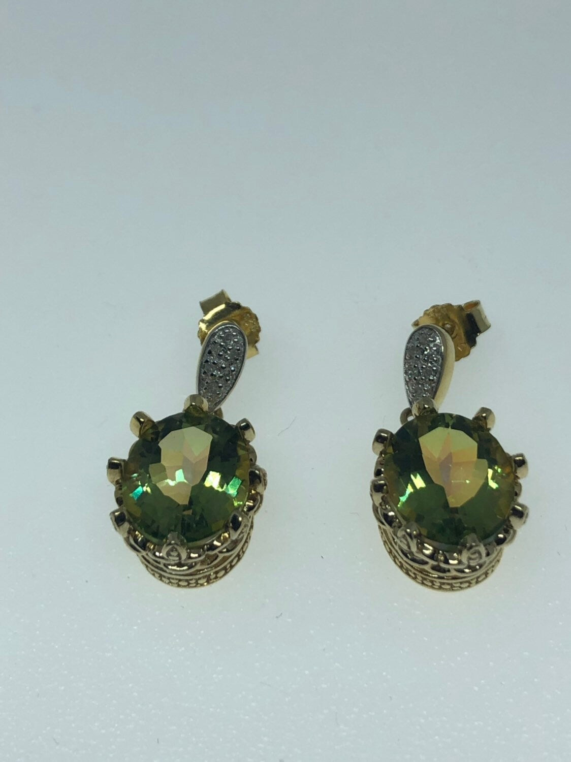 Vintage Handmade Gold Sterling Silver Genuine Green Mystic Peridot and White Sapphire Earrings
