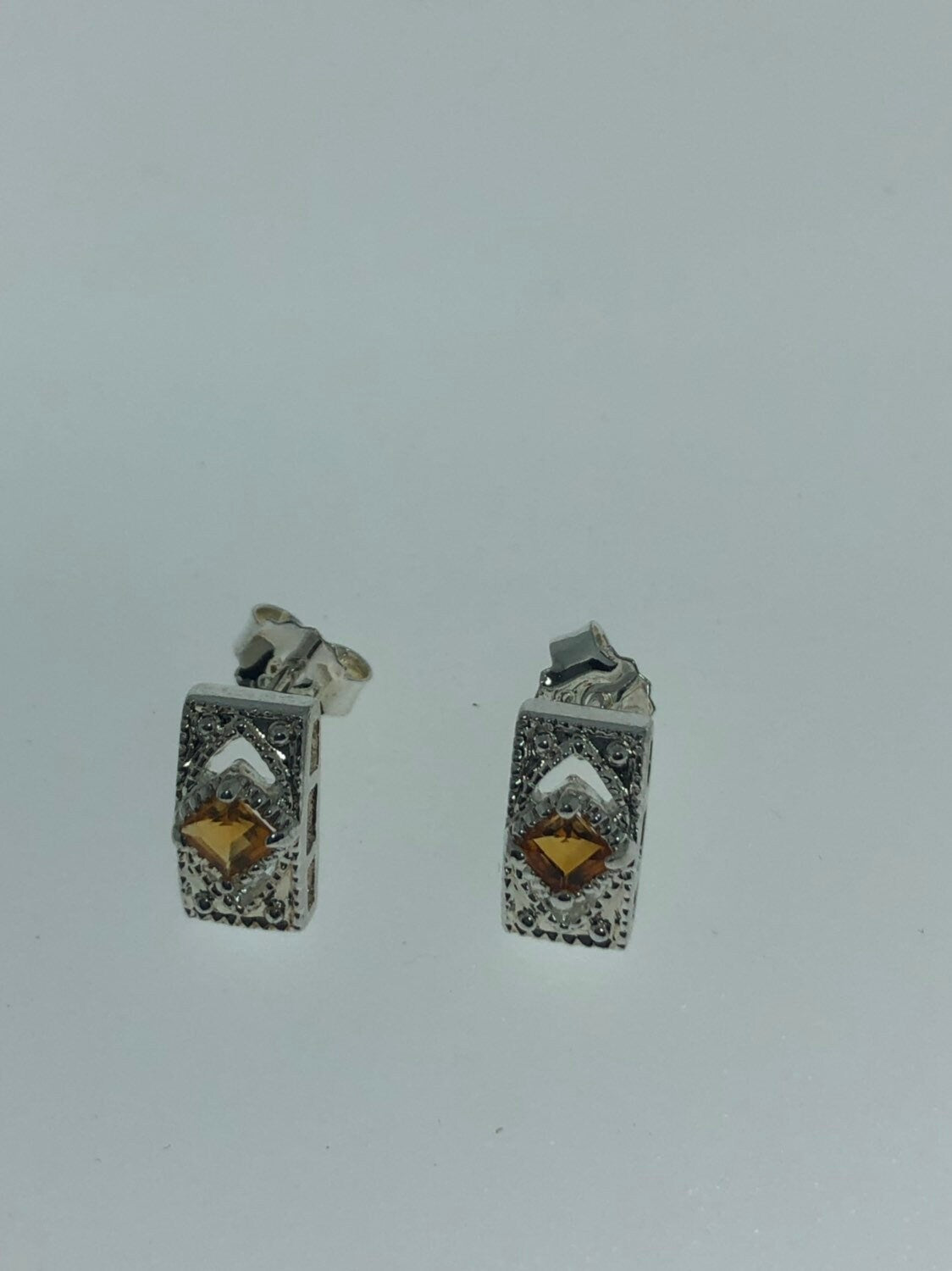 Vintage Genuine Citrine Gemstone 925 Sterling Silver Deco Stud Earrings