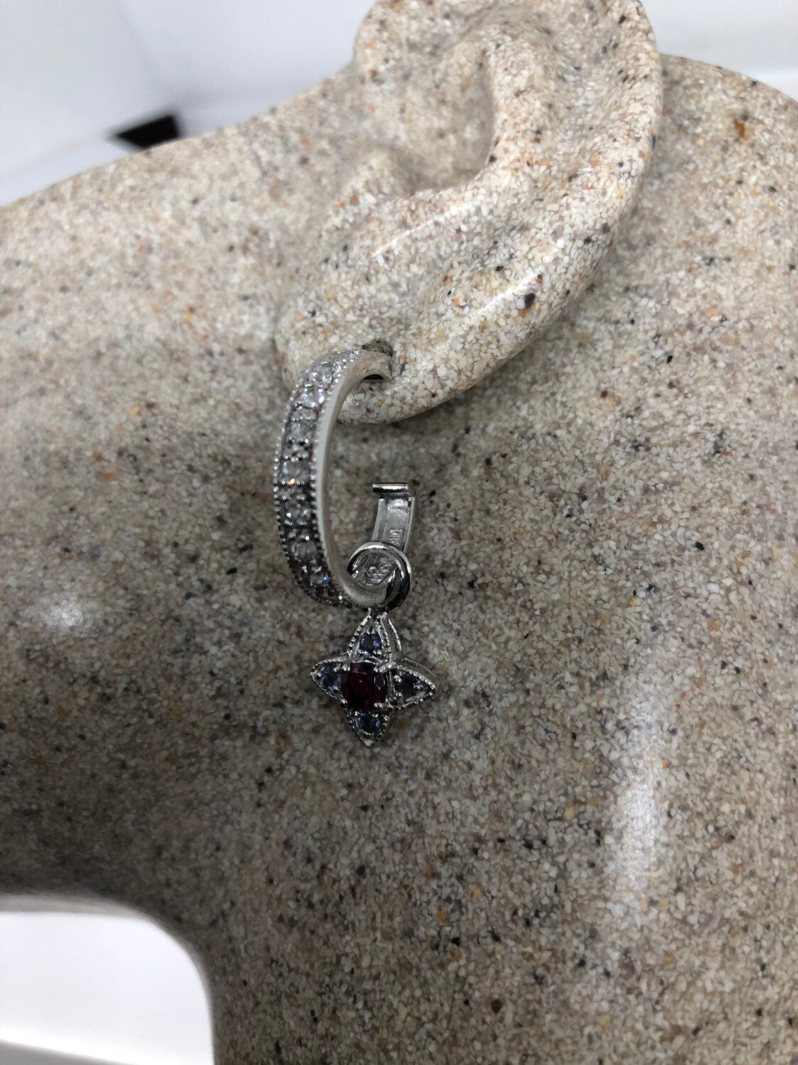 Vintage Handmade Sterling Silver diamond look White Sapphire Gemstone drop Hoop Earrings