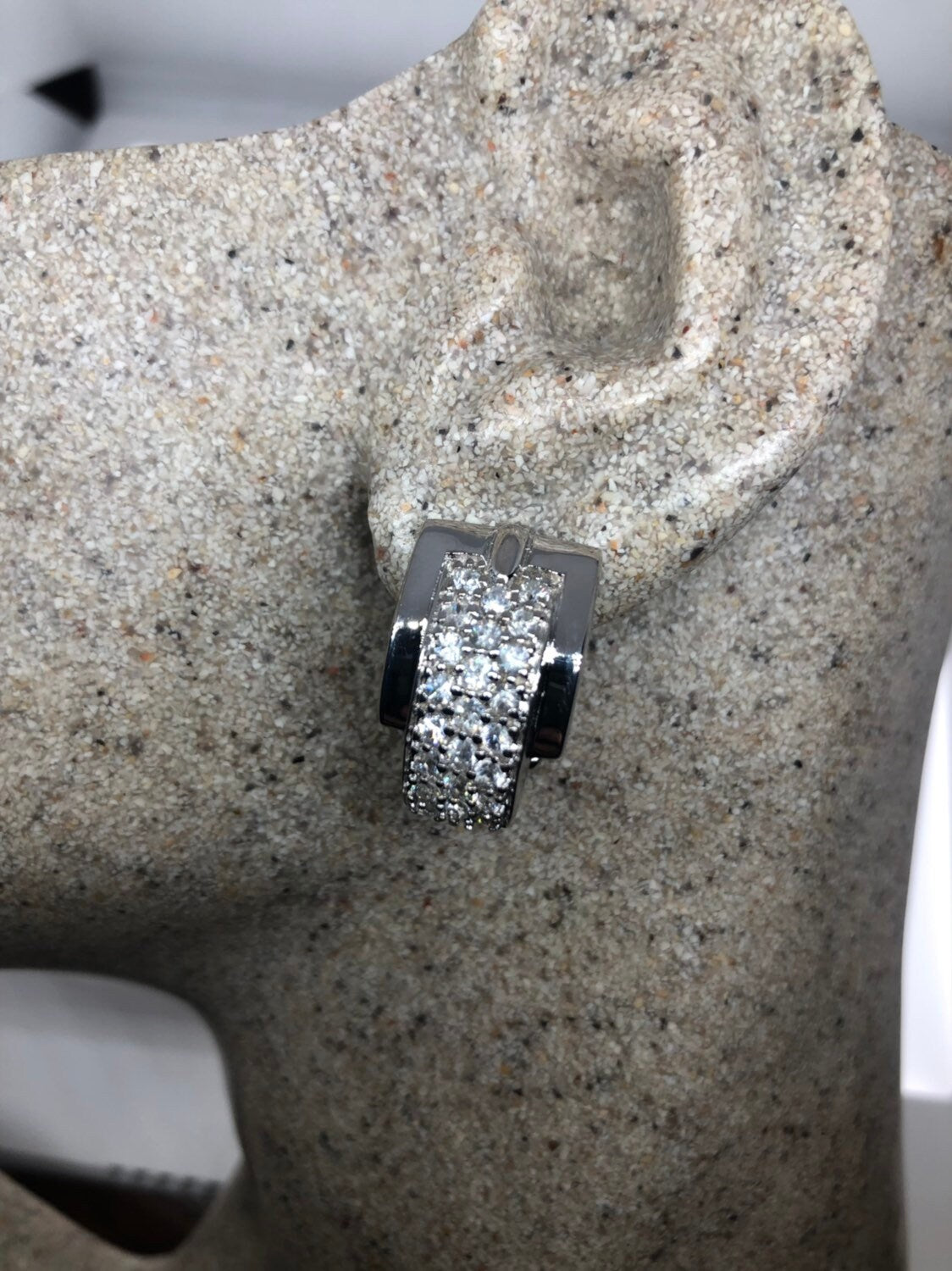 Vintage Handmade Sterling Silver diamond look White Sapphire Gemstone drop buckle Hoop Earrings