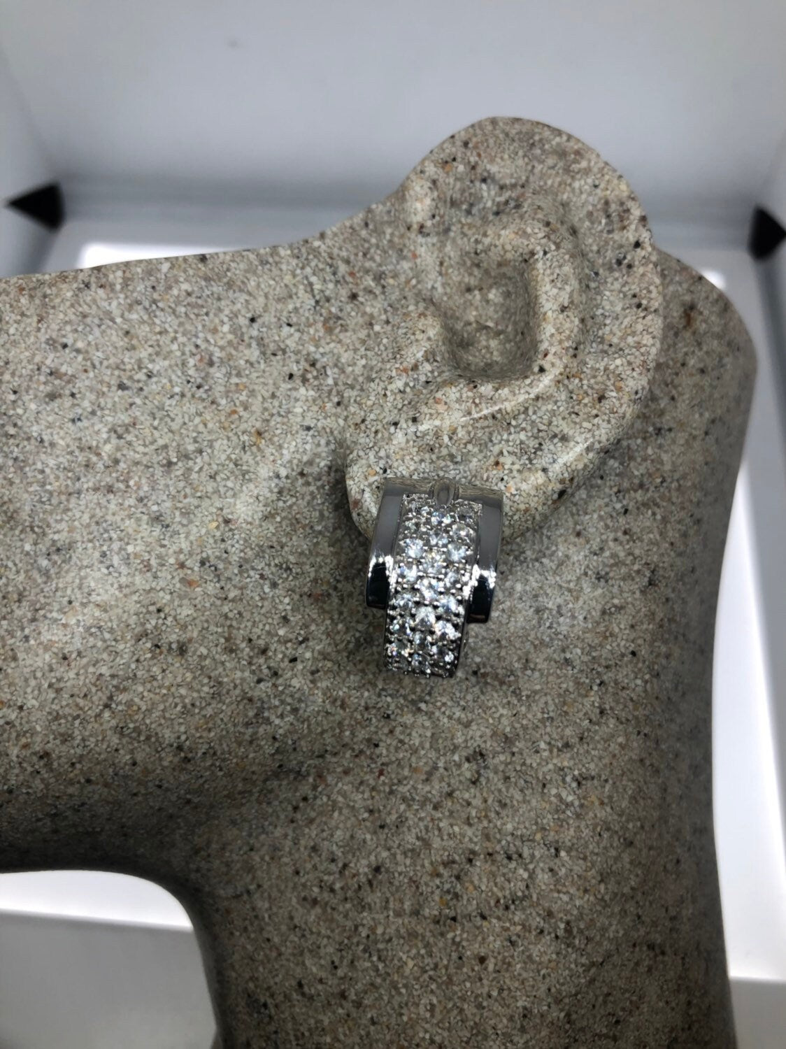 Vintage Handmade Sterling Silver diamond look White Sapphire Gemstone drop buckle Hoop Earrings