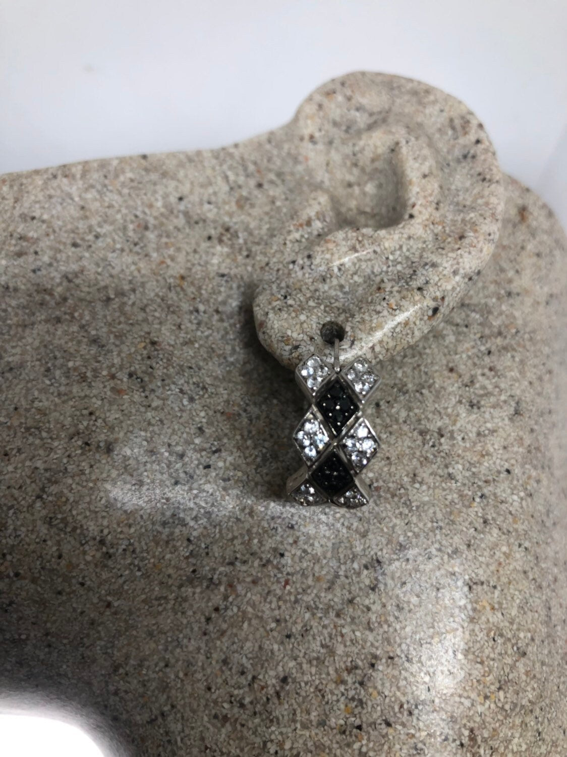 Vintage Handmade Sterling Silver diamond look Black and White Sapphire Gemstone drop Hoop Earrings