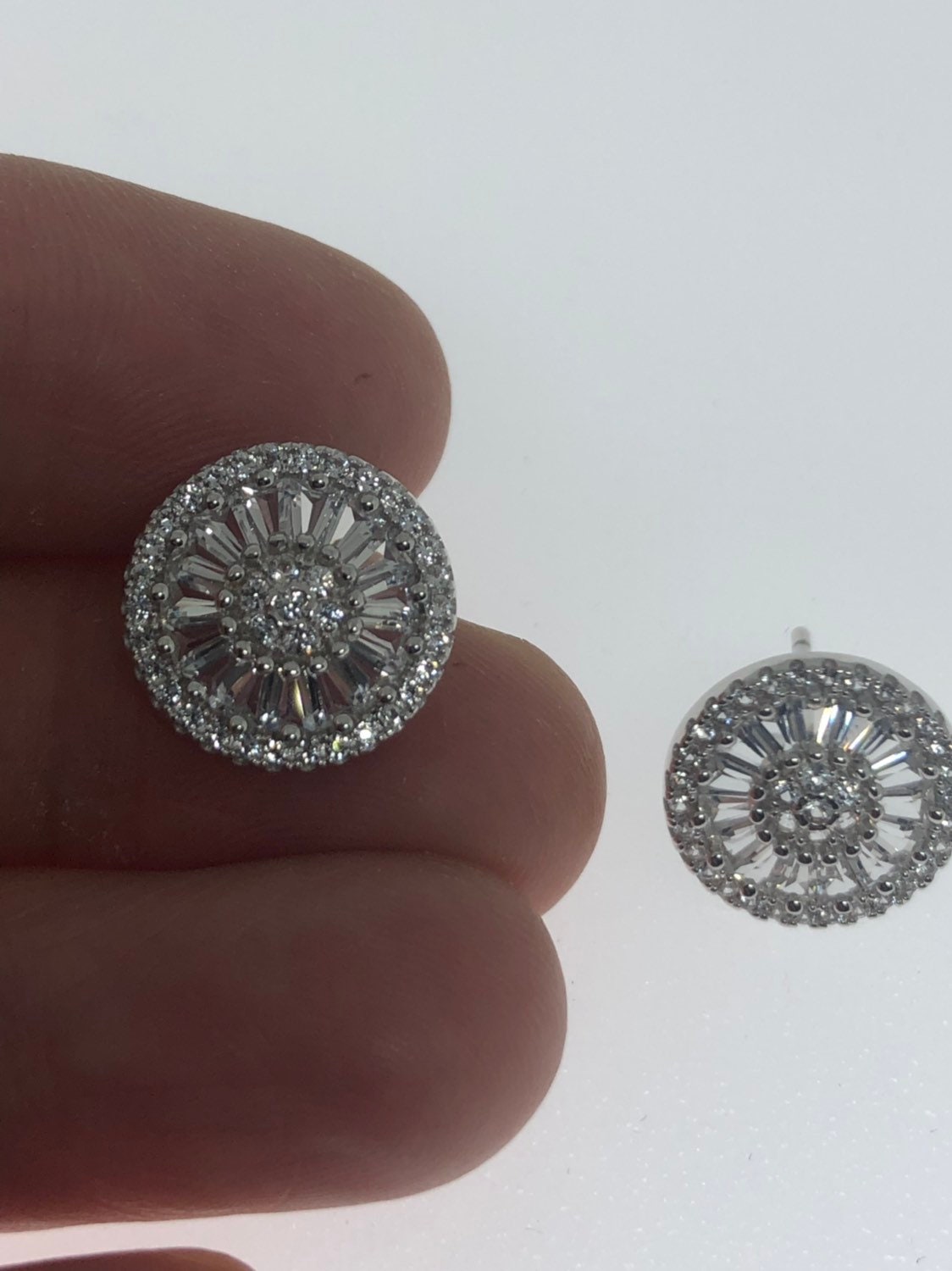 Vintage Handmade Sterling Silver White Sapphire Deco Stud Earrings