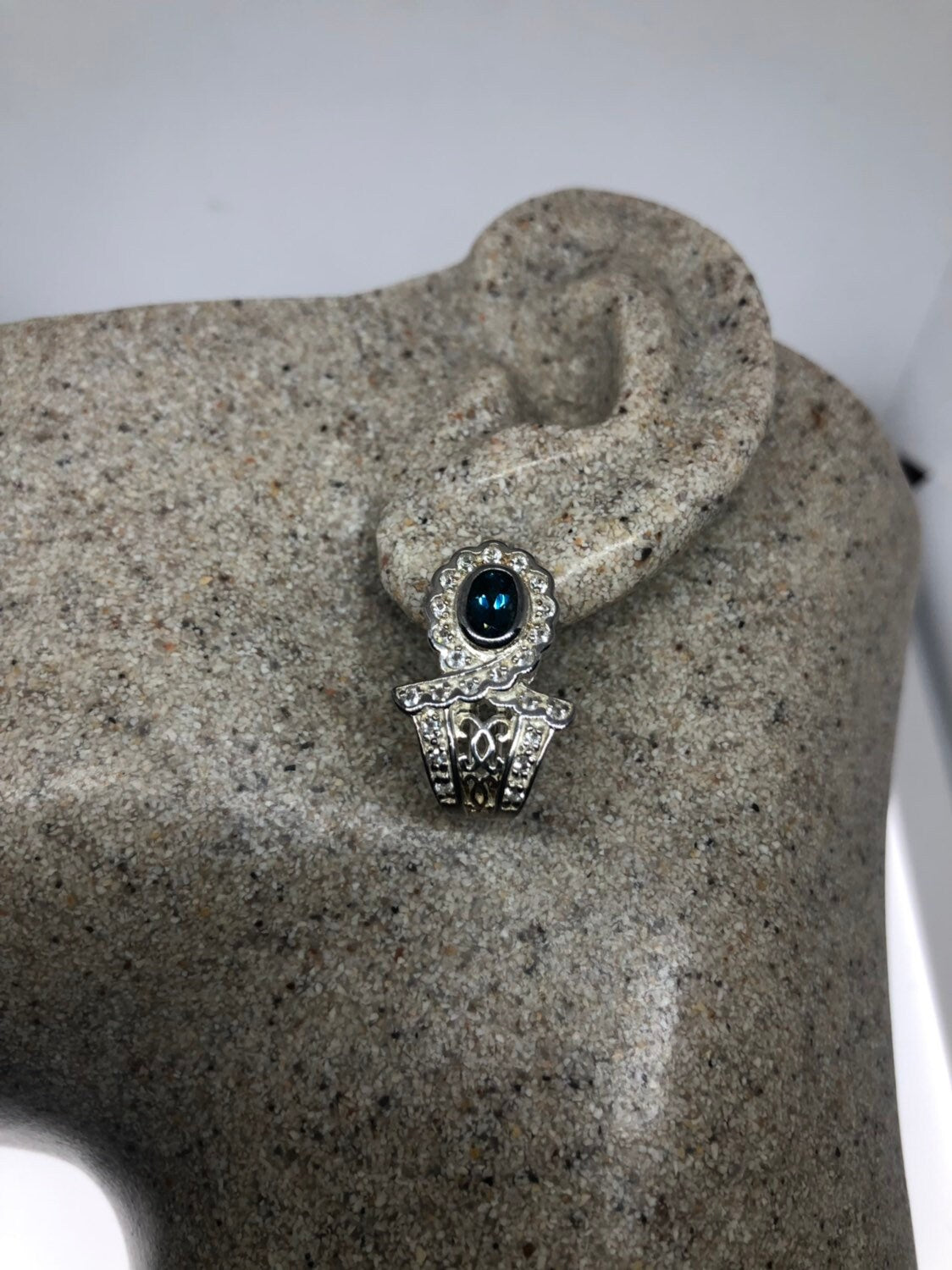 Vintage Handmade Sterling Silver diamond look Blue and White Sapphire Gemstone drop Hoop Earrings