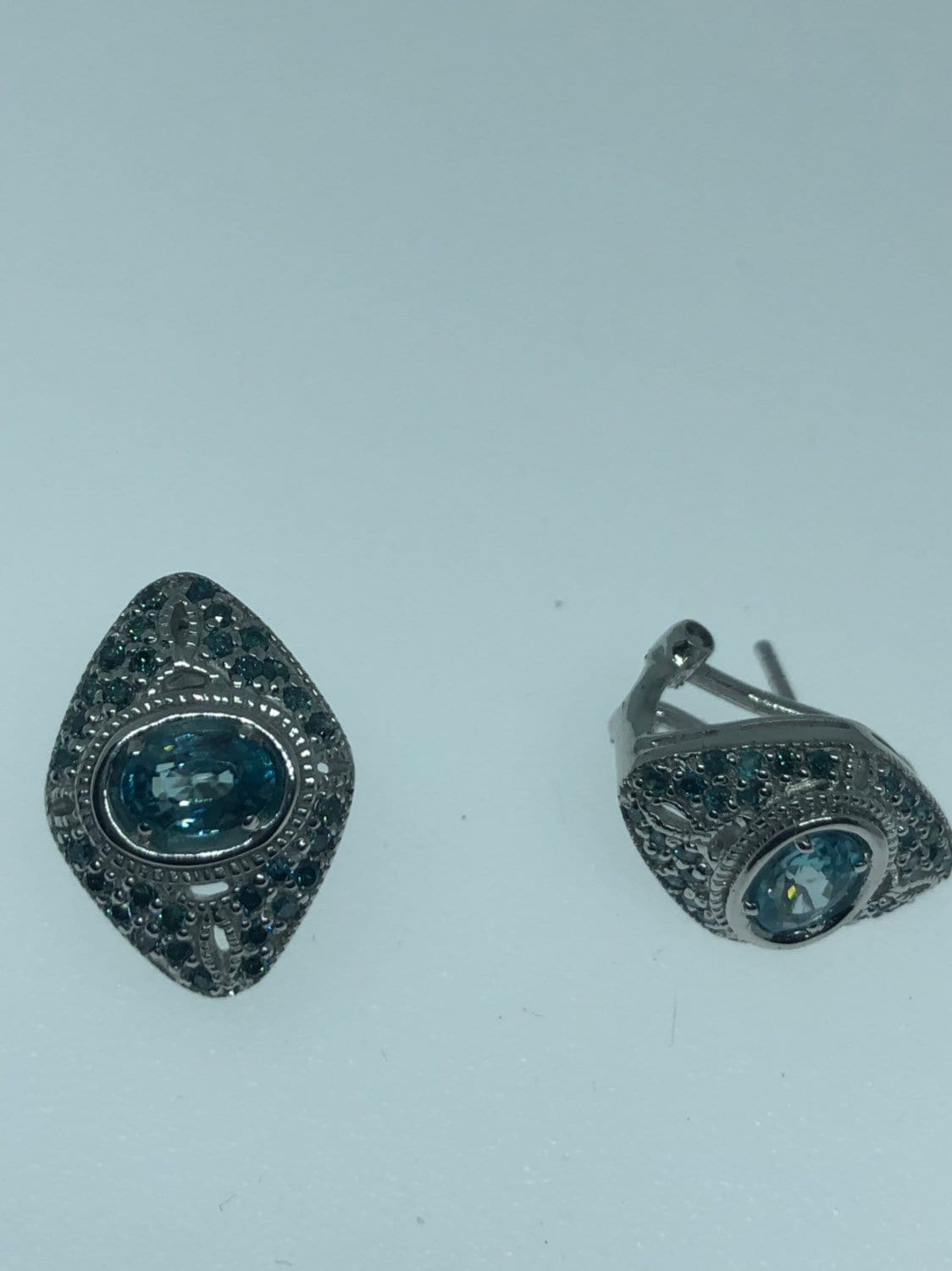 Vintage Mixed Genuine Blue Topaz Gemstone Filigree 925 Sterling Silver Earrings