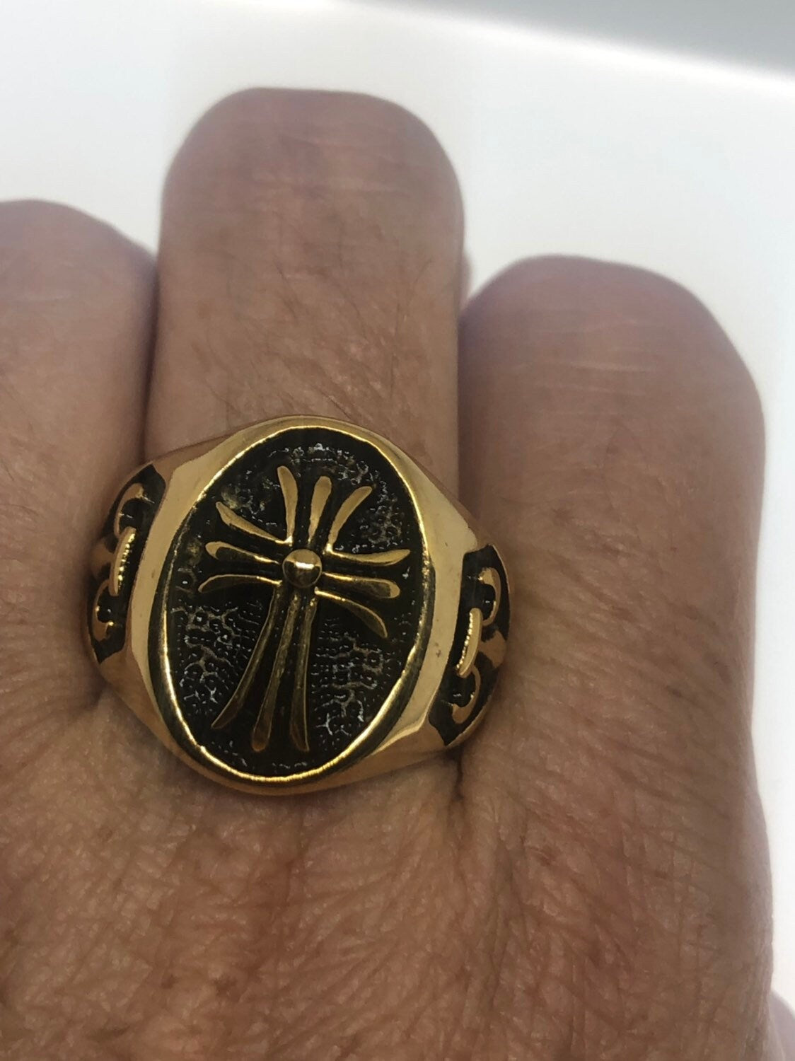 Vintage Gothic Golden Stainless Steel Cross Mens Ring