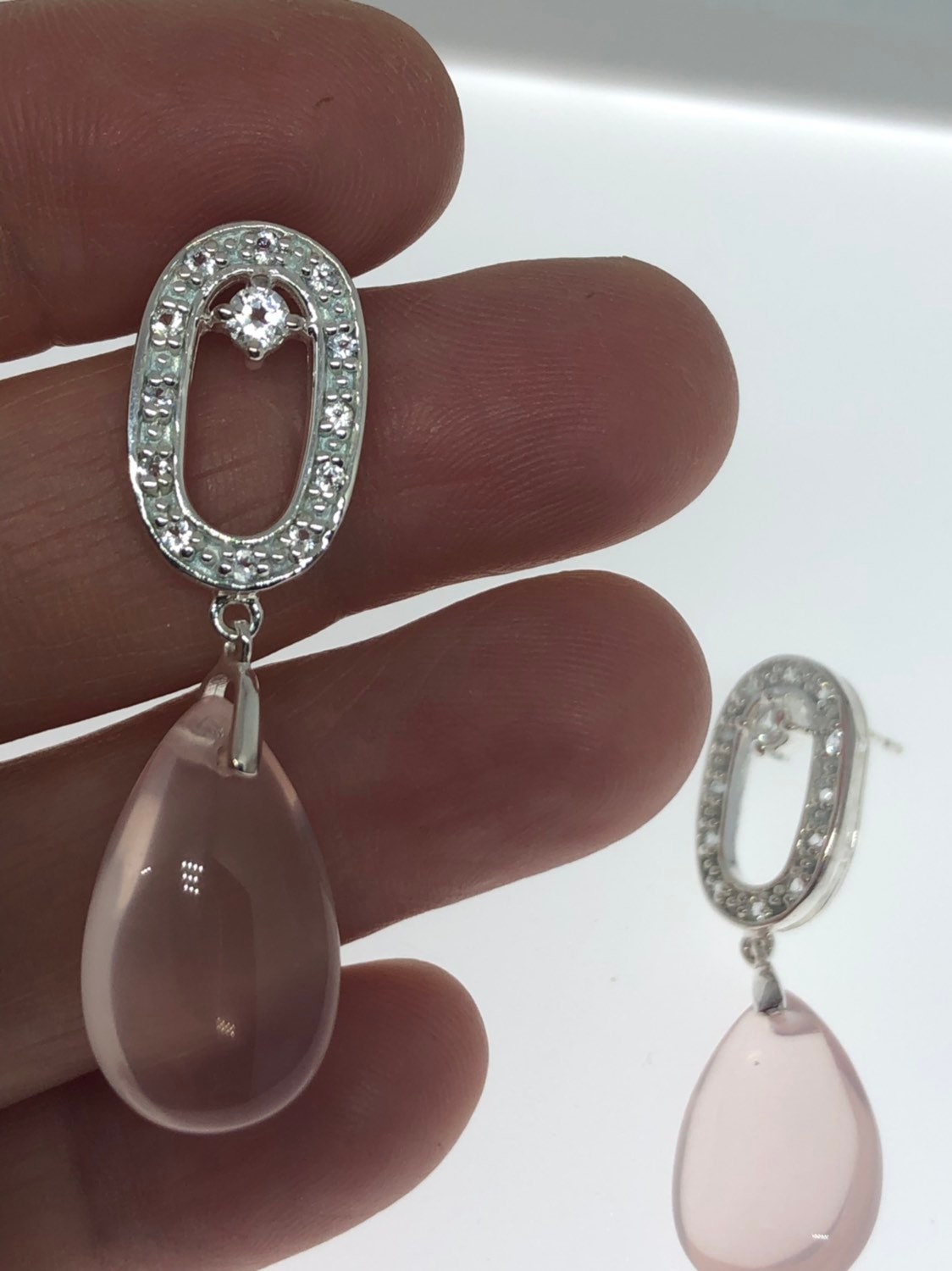 Vintage Genuine White Sapphire Rose Quartz 925 Sterling Silver Dangle Earrings