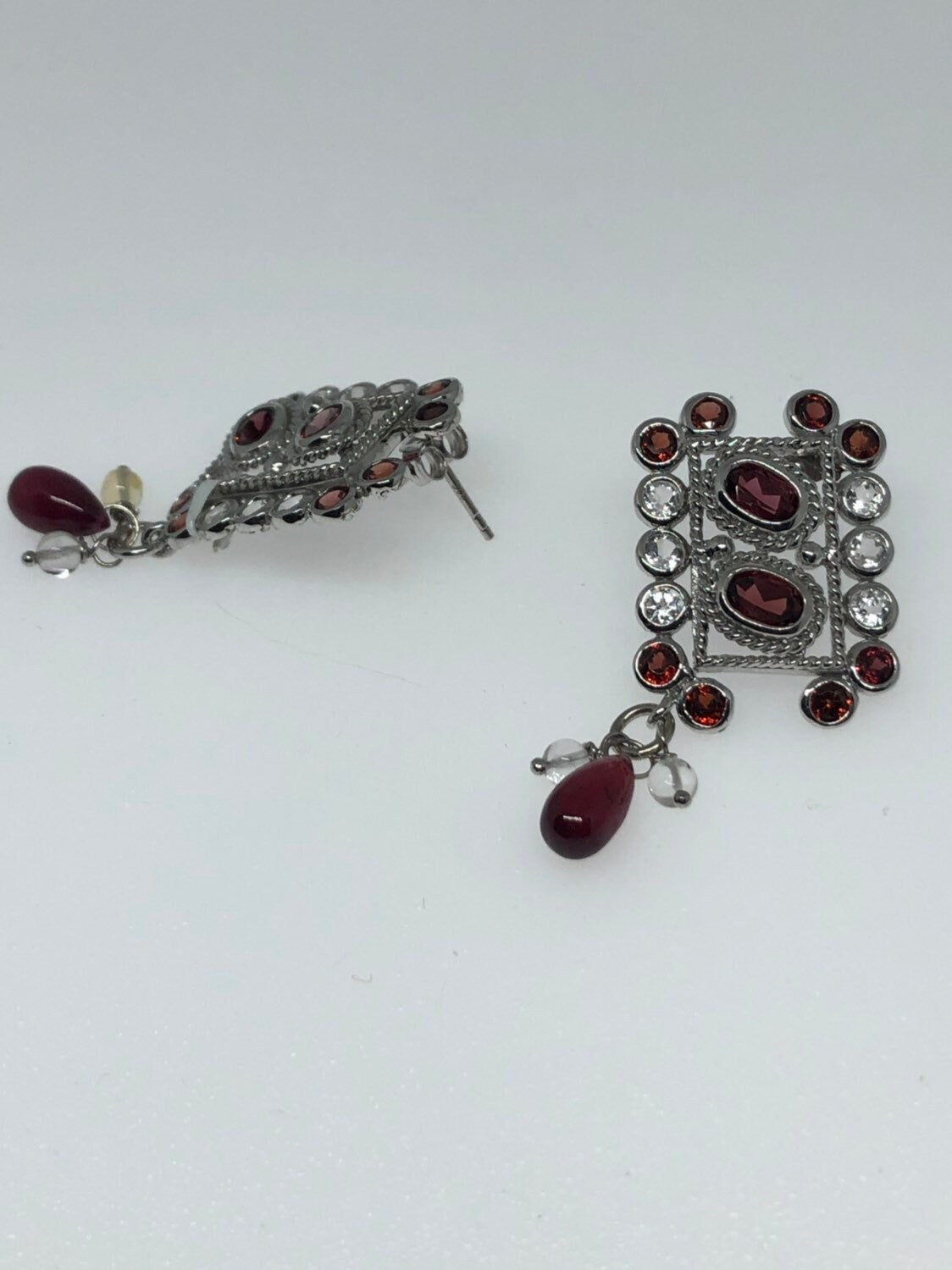 Vintage Handmade 925 Sterling Silver Bohemian Garnet HEart Drop Earrings