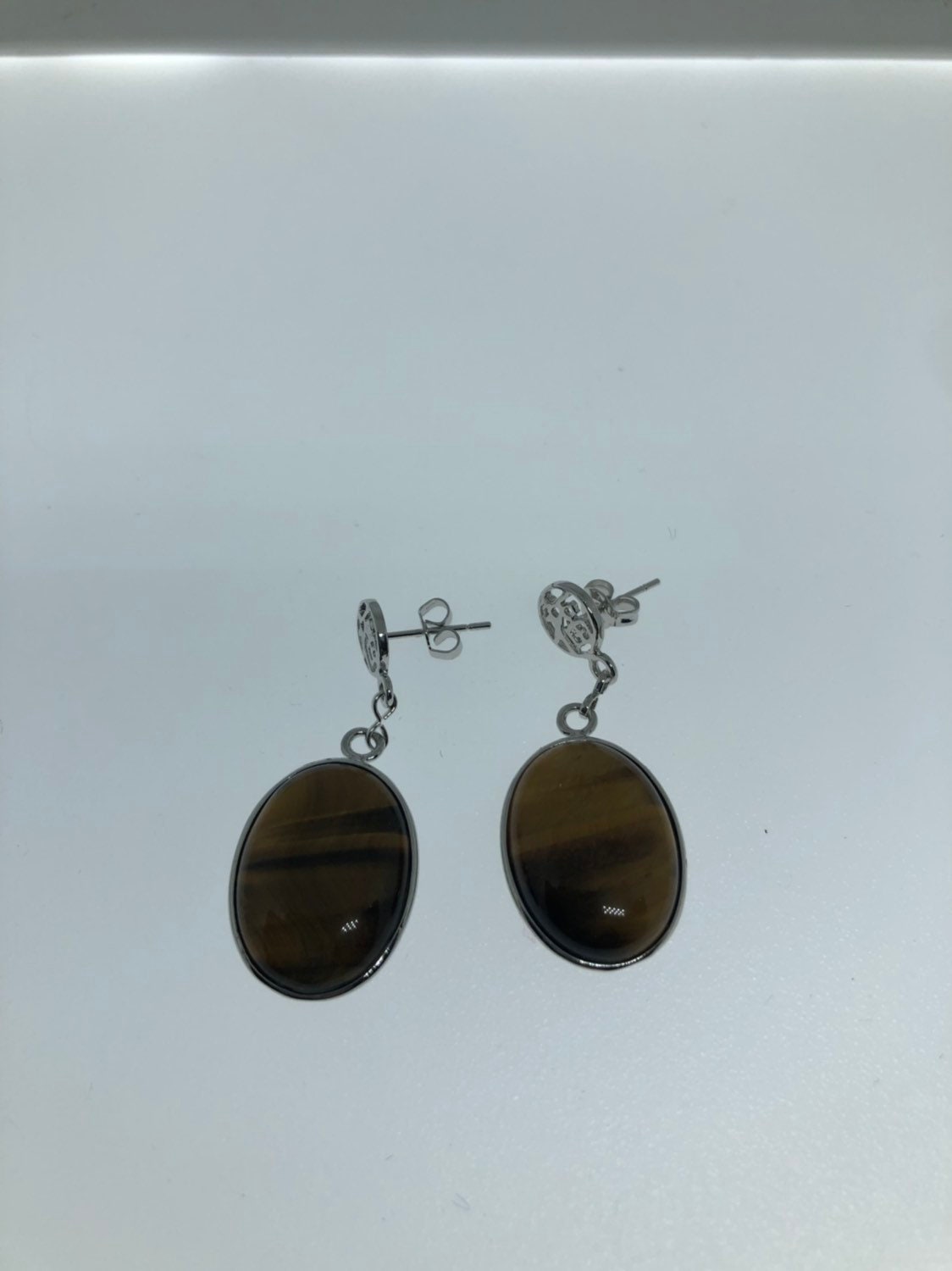 Vintage Tigers Eye Lucky Chinese Dangle Earrings White Bronze