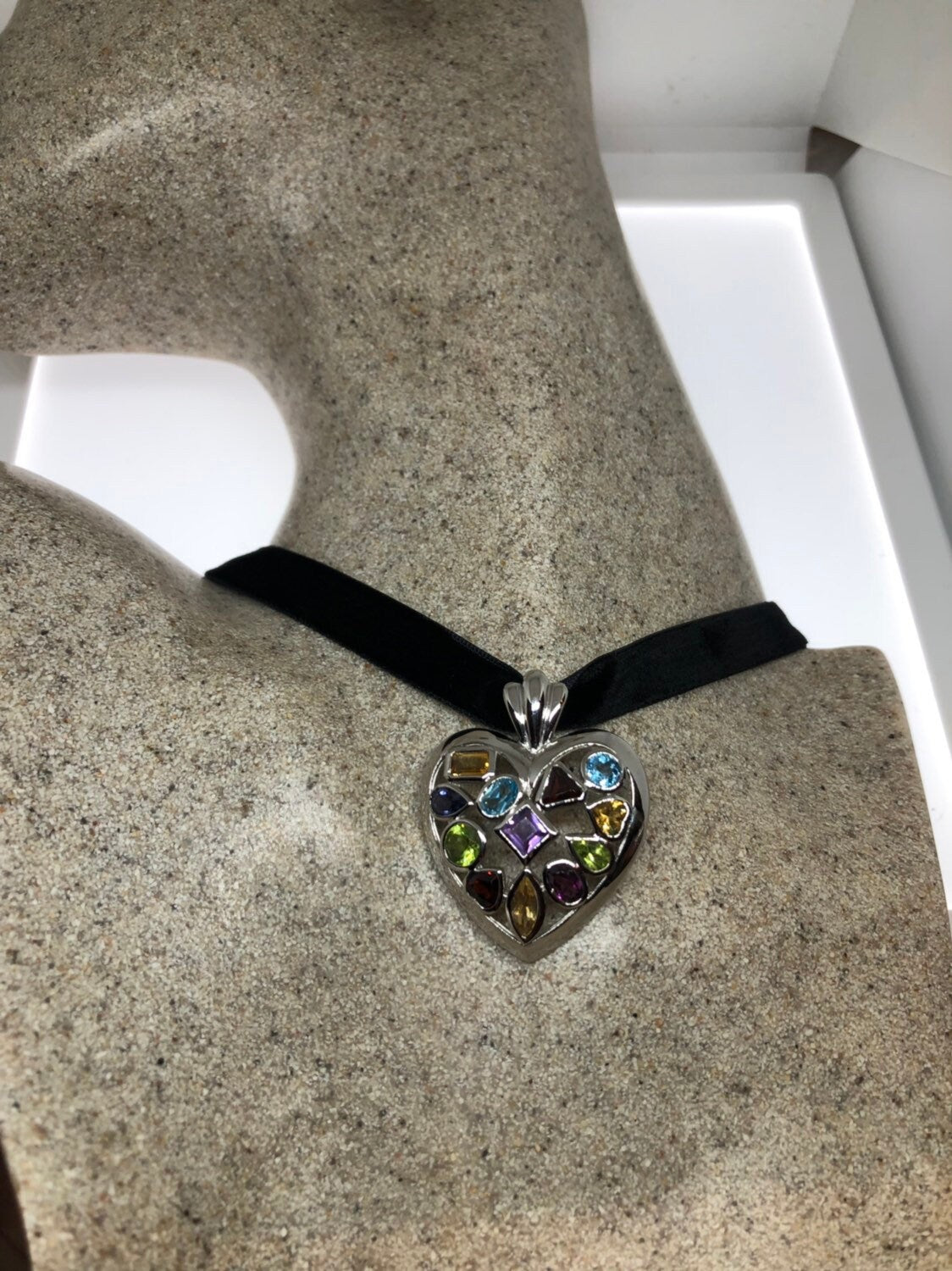 Vintage Handmade 925 Sterling Silver Genuine Gemstone Antique Heart Pendant Necklace