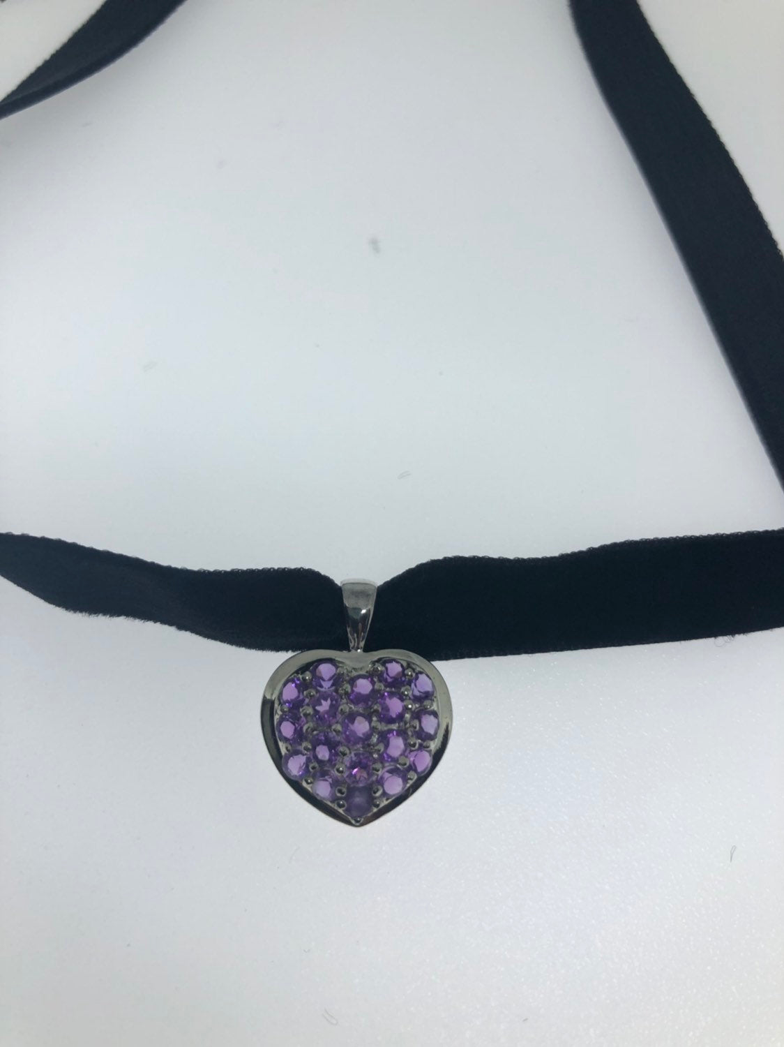 Vintage 925 Sterling Silver Amethyst Heart Pendant Necklace