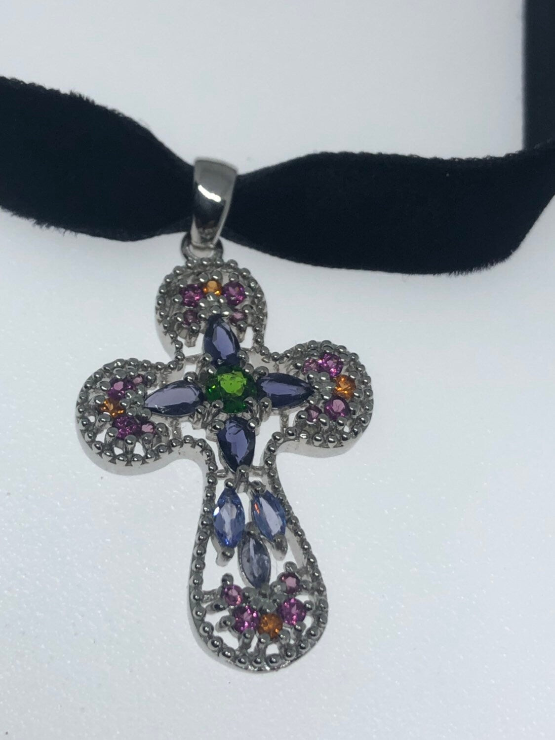 Vintage Handmade 925 Sterling Silver Mixed Gemstone Cross Antique Pendant Necklace