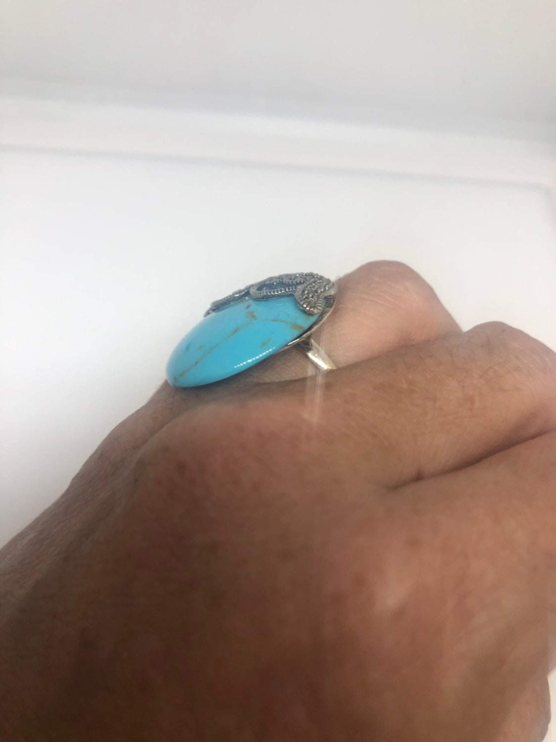Vintage Turquoise Howlite Gemstone 925 Sterling Silver Marcasite Ring