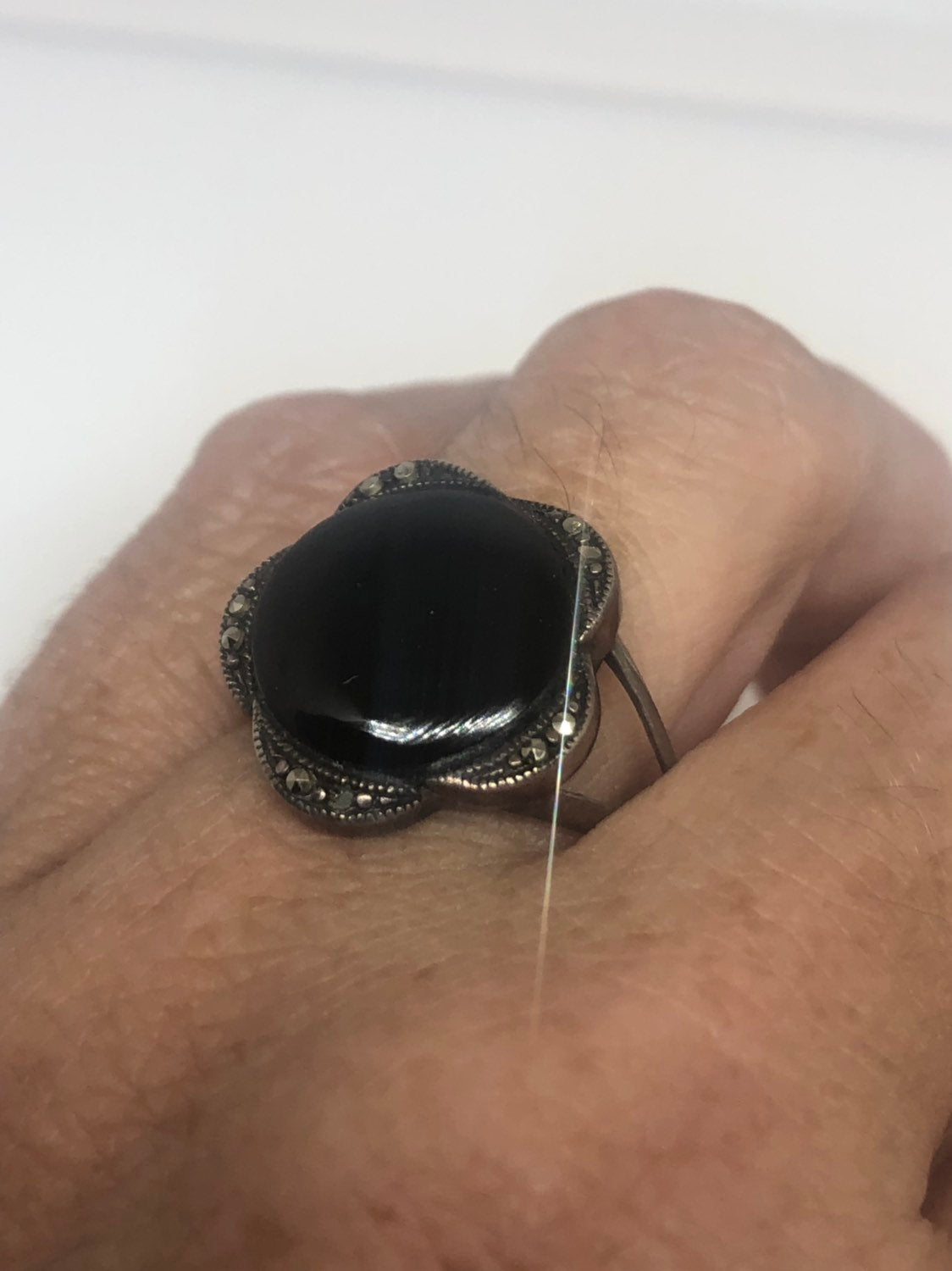 Vintage Genuine Black Onyx Silver marcasite Ring