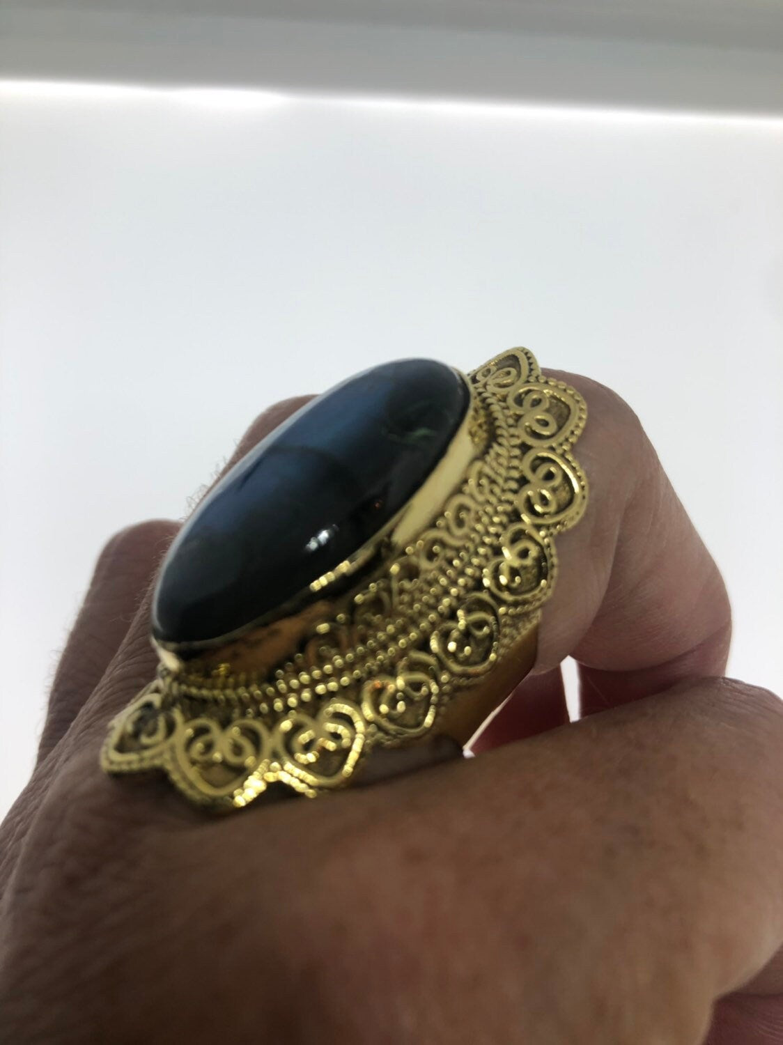 Vintsge Large Rainbow Labradorite Stone Brass Ring