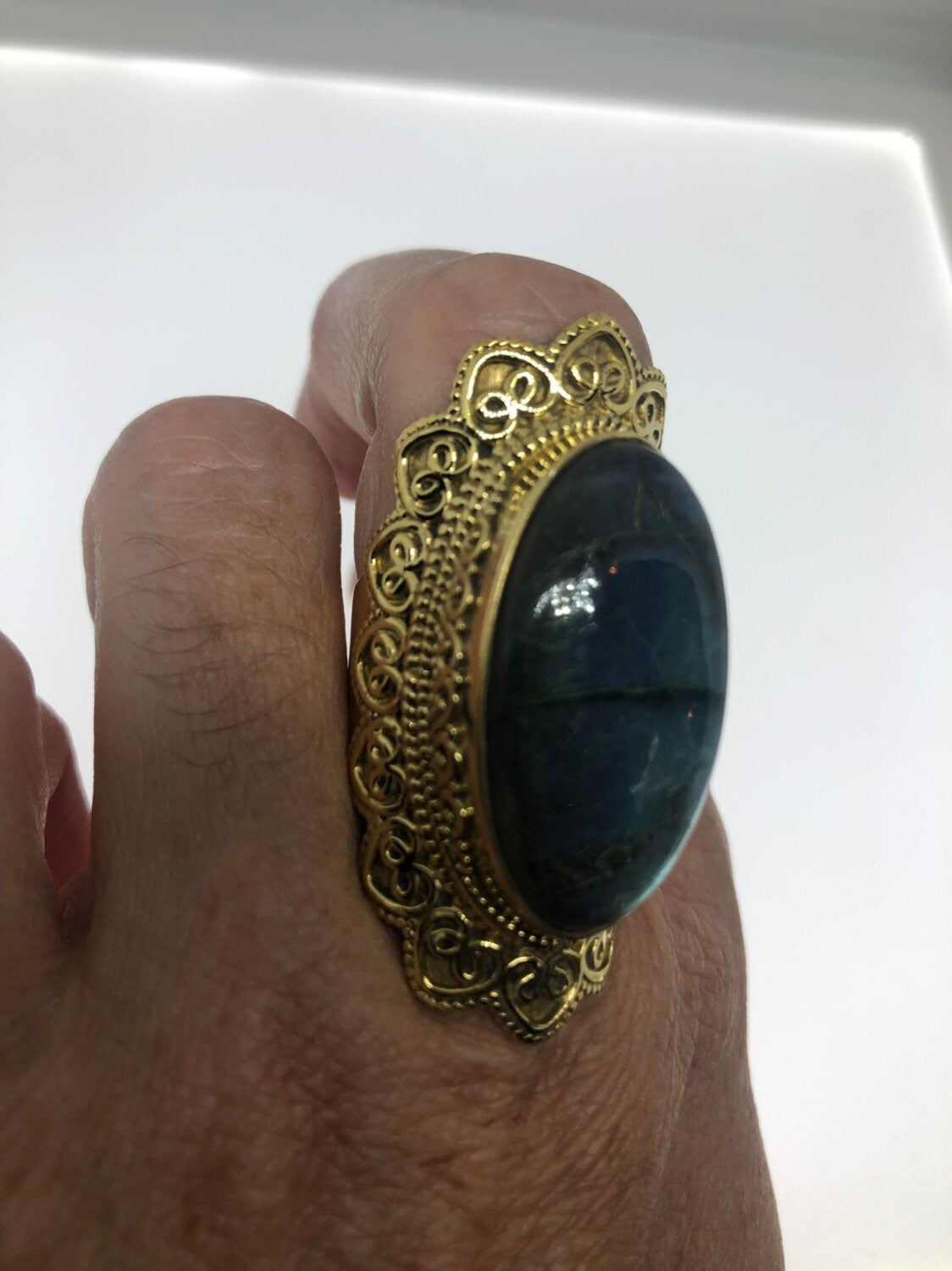 Vintsge Large Rainbow Labradorite Stone Brass Ring