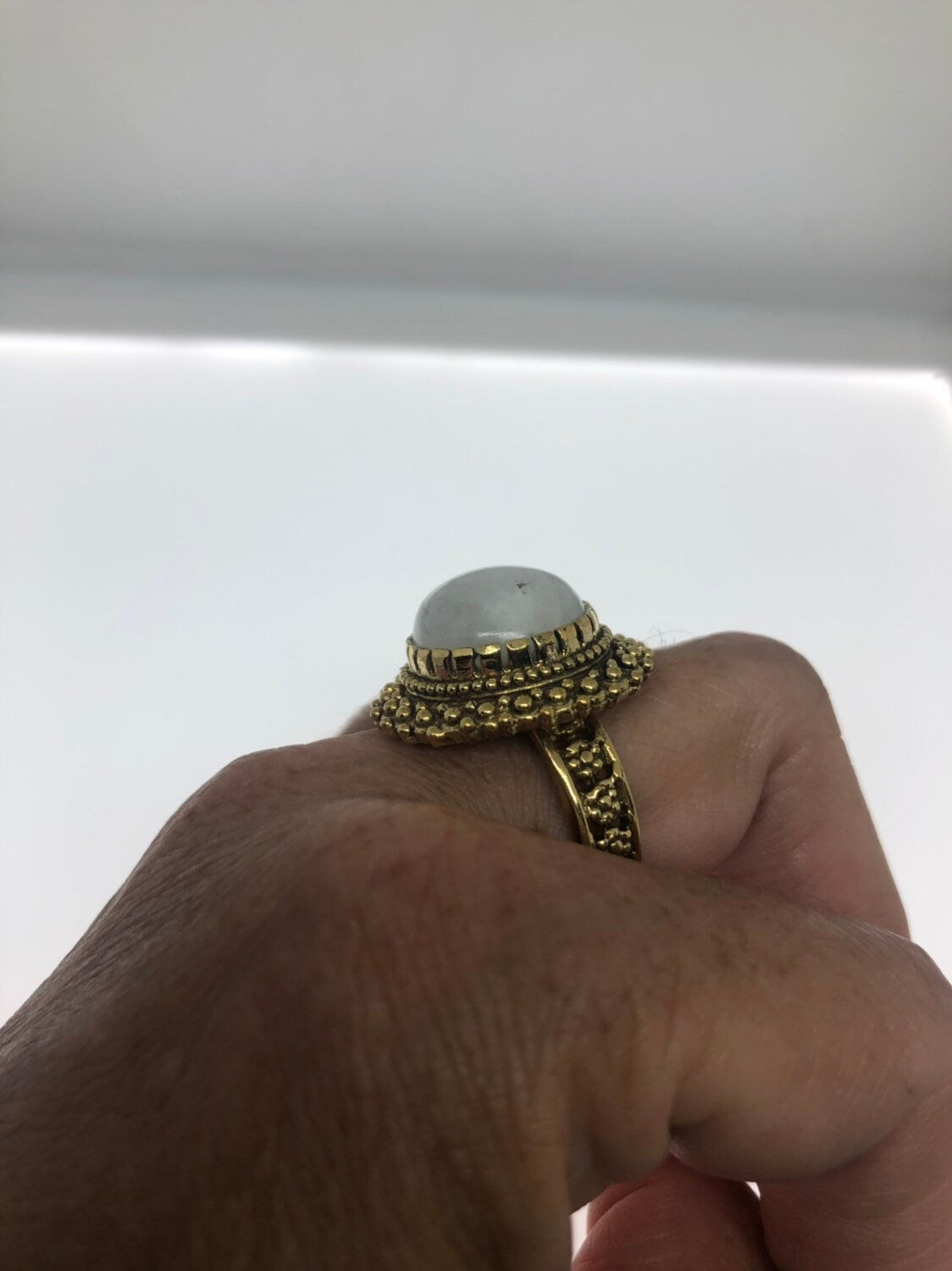 Vintage Rainbow Moonstone Stone Brass Ring