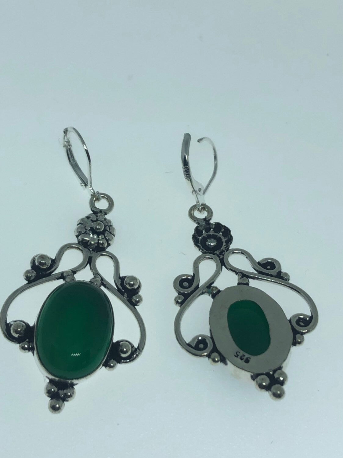 Antique Vintage Green Chrysoprase Silver Dangle Earrings