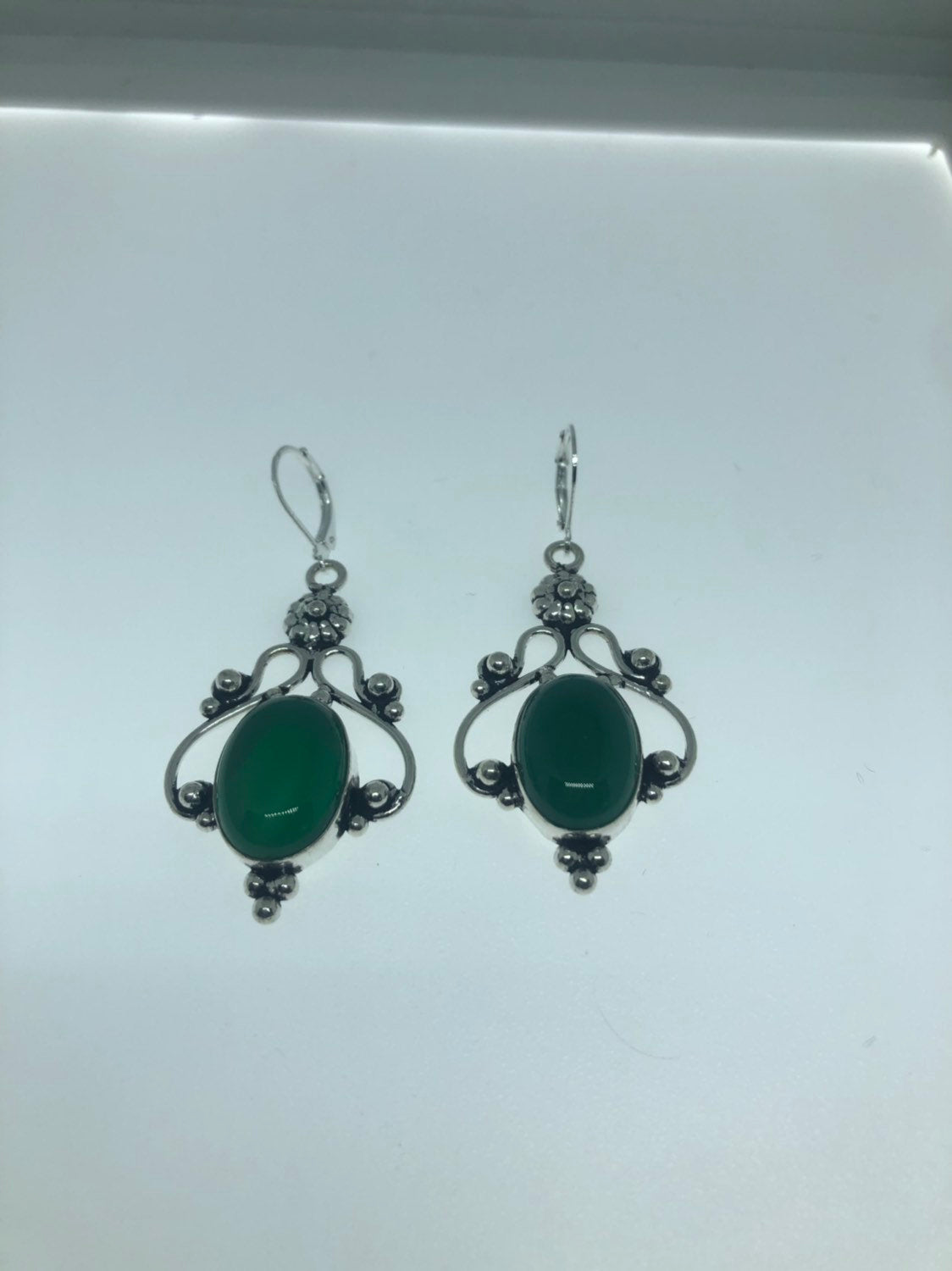 Antique Vintage Green Chrysoprase Silver Dangle Earrings